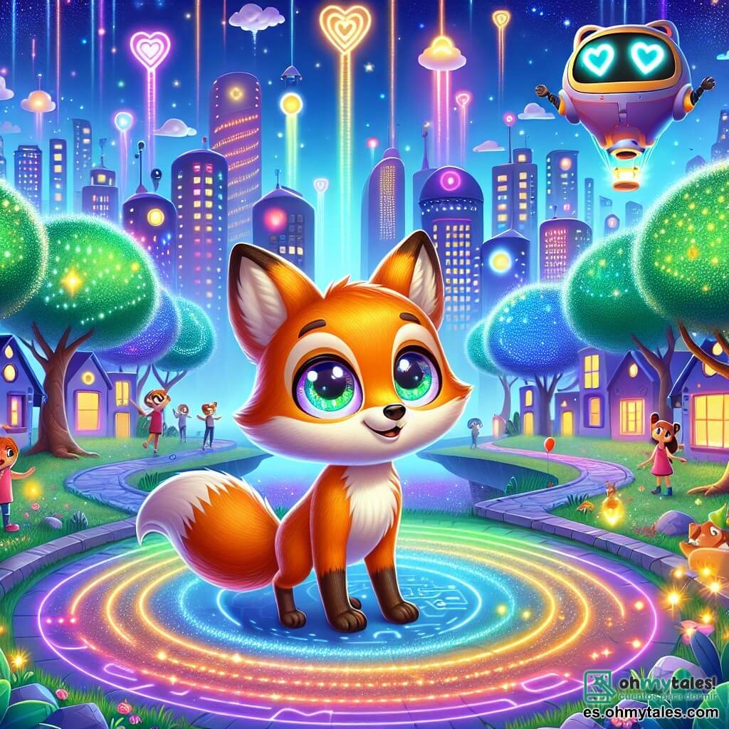 Un pequeño zorro llamado Zorrito, con un pelaje naranja brillante y ojos chispeantes de curiosidad, se encuentra en el centro de una ciudad futurista, Lumibrillo. Tiene una expresión de asombro en su rostro, con las orejas erguidas y la cola moviéndose, mientras observa a su alrededor. A su derecha, un robot sonriente, con una cabeza redonda y brazos articulados, ilumina su rostro con una pantalla alegre. Tiene ojos en forma de corazón y parece amigable, listo para ayudar a Zorrito en su aventura. El decorado es una ciudad resplandeciente, con árboles de hojas luminosas que brillan como estrellas, casas en forma de nubes flotantes y coches voladores que se deslizan suavemente por el cielo azul. Niños juegan con globos flotantes, añadiendo un toque de vida a esta escena mágica. Zorrito, perdido pero curioso, explora este fascinante mundo, rodeado de luces coloridas y sonidos alegres, buscando una manera de regresar a casa mientras descubre las maravillas de Lumibrillo.