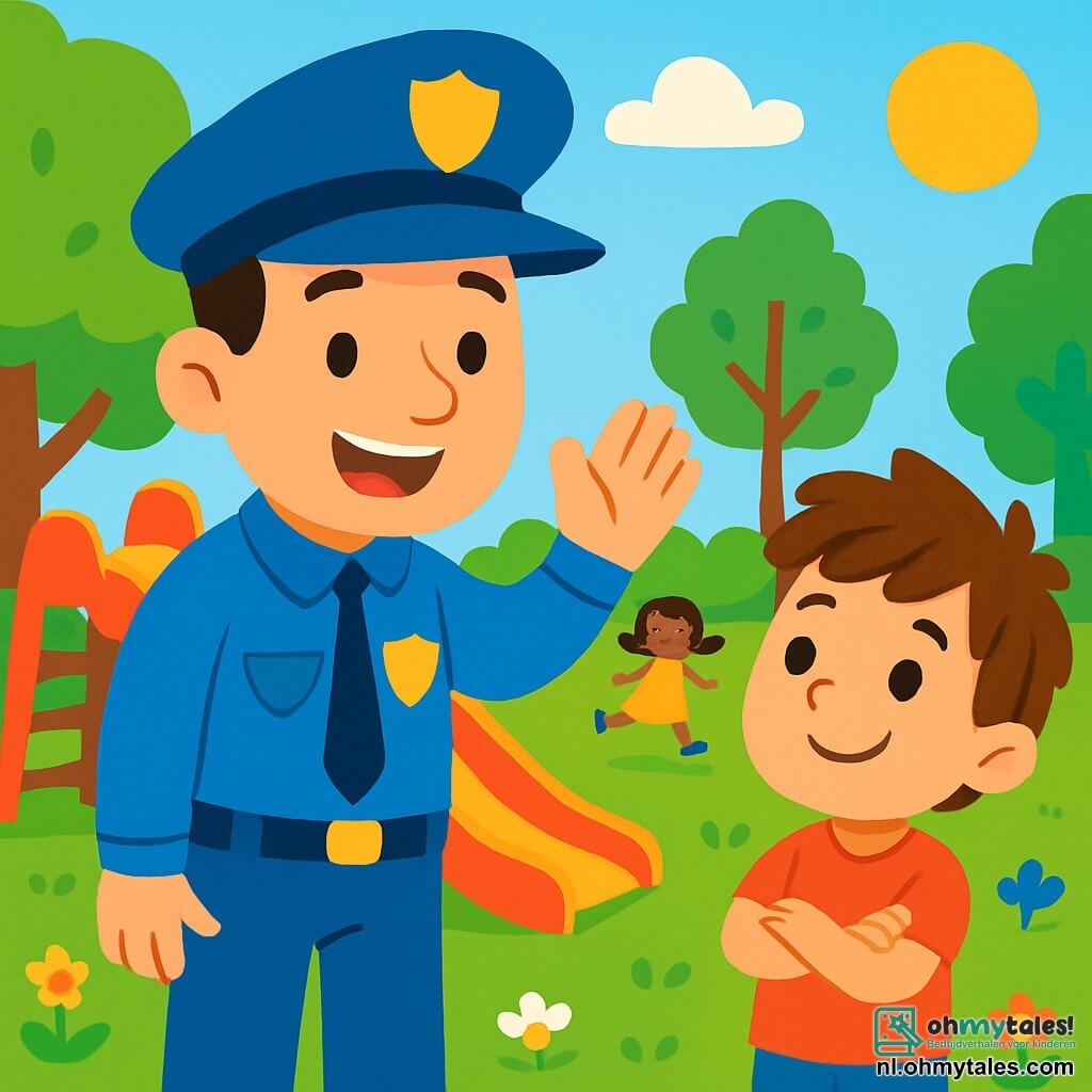 Een glimlachende politieagent, een man van ongeveer dertig jaar, draagt een felblauw uniform en een grote pet. Zijn gezicht is vriendelijk, met sprankelende ogen en een brede glimlach. Hij begroet kinderen in een zonnig park. 

Een jongetje van ongeveer 6 jaar, met rommelig bruin haar en een rode t-shirt, kijkt bewonderend naar de politieagent. Hij staat naast een kleurrijke glijbaan, met de armen gekruist en een grote glimlach op zijn gezicht. 

Het park is vol groen, met bomen met heldere bladeren en kleurrijke bloemen. Kinderen spelen rondom, sommigen op schommels, anderen rennend over het groene gras. 

De belangrijkste situatie toont de politieagent die vrolijk interactie heeft met het jongetje, waarbij hij het belang van veiligheidsregels uitlegt terwijl ze een moment van geluk en kameraadschap delen.