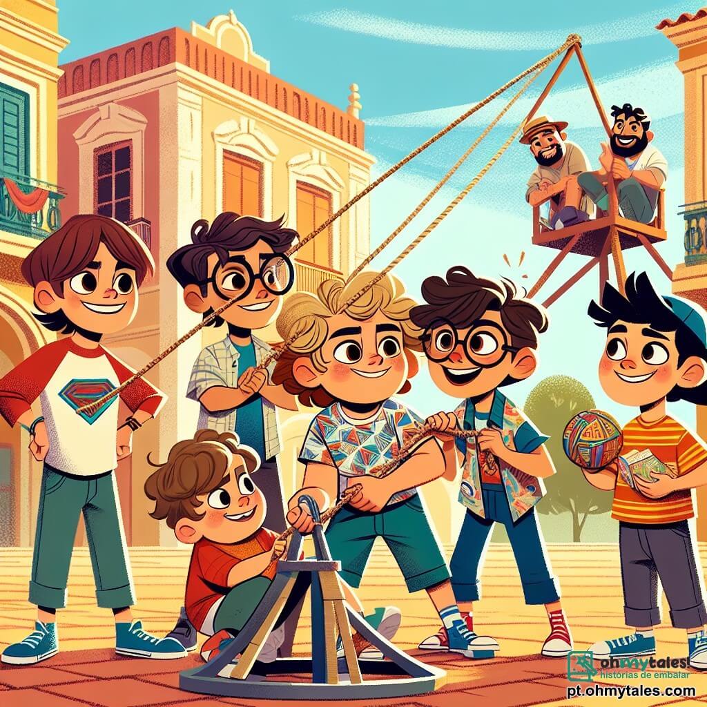Em uma charmosa e ensolarada praça, cinco amigos se reúnem para um dia cheio de risadas. À esquerda, Lucas, um garoto de 10 anos com cabelos bagunçados e uma camiseta vermelha com um super-herói, está puxando uma grande corda de catapulta, com um rosto concentrado e alegre. Ao lado dele, Pedro, um menino de 9 anos com óculos redondos e um sorriso radiante, conta uma piada, com os braços abertos para enfatizar sua história. Atrás deles, Miguel, um garoto tímido de 10 anos com cabelos castanhos e roupas um pouco grandes, observa com um sorriso divertido, segurando um sanduíche. À direita, Rafael, um menino de 9 anos com cabelos loiros e um boné virado, imita uma pose de atleta, pronto para lançar um balão de papel. Por fim, Ana, uma menina de 9 anos com cabelos longos e cacheados, usa um vestido colorido e ri alto, perto da catapulta. A cena acontece em uma praça animada, cercada por árvores verdes e bancos de madeira, com flores coloridas que dão vida ao lugar. O céu está azul e algumas nuvens brancas flutuam suavemente. No centro da ilustração, a catapulta, feita de tábuas de madeira e cordas, está pronta para lançar um balão de papel. Os amigos riem e se divertem, criando uma atmosfera alegre e dinâmica, enquanto um balão de papel voa pelo ar, prestes a pousar em meio a risadas.