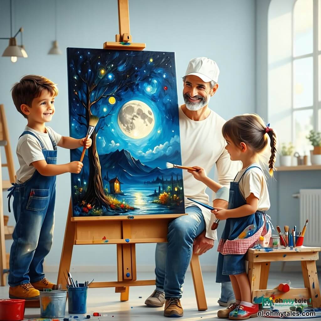 Een mannelijke kunstenaar van rond de veertig, kort kastanjebruin haar, lichte baard, met een verfvlekkenbezet oud schort, glimlacht terwijl hij met een breed penseel een groot nachtelijk schilderij op een ezel in het midden van de ruimte vernisst; links staat een ongeveer 8-jarige jongen met kort warrig haar op een opstapje, hij wijst lachend naar de iets scheve maan op het doek; naast hem zit een ongeveer 7-jarig meisje met lange gevlochten haren in een eenvoudige bloemige jurk op een oude kruk, met een knuffel en kijkend naar het geschilderde huisje met een lampion; bij de deur achterin staat een dertiger vrouw in een lichte mantel met een boodschappentas, aandachtig en glimlachend; een oude man met platte pet, tweed jasje, ronde bril en wandelstok staat bij een raam en kijkt bewonderend; het warme, rommelige atelier heeft versleten houten vloeren, planken met verfpotten, penseelpotten, hanglampen, opgestapelde doeken en verfspatten; de scène toont een gemeenschap die een groot vernist nachtelijk schilderij bewondert — licht huisje en wat scheve maan, warme lampen contrasteren met diepe blauwtinten, zichtbare verfstructuren en glanzende vernisreflecties.