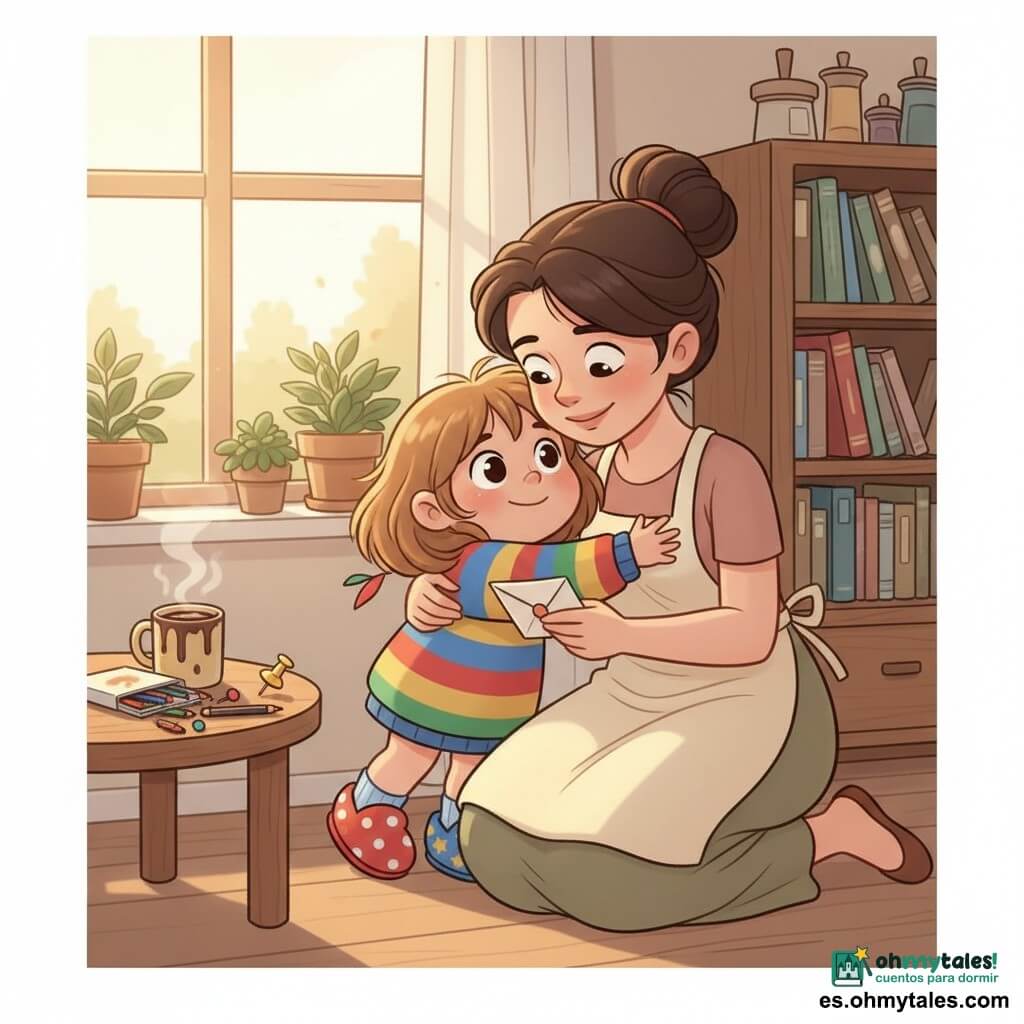 Una niña de 6 años, alegre y algo tímida, pelo castaño claro despeinado, ojos redondos y brillantes, con un suéter a rayas colorido y calcetines desparejados, ofrece un dibujo arrugado y una pequeña carta doblada; la madre, de unos 32 años, dulce y emocionada, pelo oscuro recogido en un moño flojo y con delantal crema, lee la carta con una sonrisa tierna y abraza a la niña; en la mesa cercana hay una taza de chocolate caliente humeante, una caja de lápices de colores volcada y una chincheta de colores lista para colgar el dibujo; la estancia es una cocina-salón luminosa con una gran ventana que deja entrar un rayo de sol dorado, plantas en el alféizar, una estantería con libros y una mesa pequeña de madera; momento de ternura doméstica — madre e hija abrazadas, el dibujo pronto en la pared, luz cálida, detalles naïf, estilo suave y expresivo de los años 90, colores pastel vivos, contornos nítidos y emociones legibles.