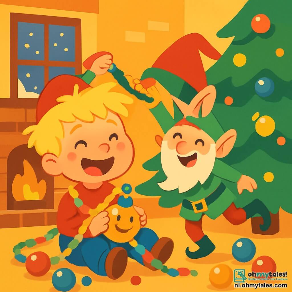 Een 4-jarig jongetje genaamd Finn, met rommelig blond haar en sprankelende ogen van vreugde, zit op de grond omringd door kleurrijke slingers en glinsterende kerstballen. Hij glimlacht breed, met blosjes op zijn wangen van opwinding, terwijl hij een kerstbal met een lachend gezicht vasthoudt. Naast hem springt een ondeugende elf, klein en speels, met een puntige rode hoed en een witte baard, vrolijk rond. Hij heeft een grote ondeugende glimlach en draagt groene kleren versierd met belletjes die rinkelen bij elke beweging. De elf leunt voorover om een sprankelende slinger op Finns hoofd te hangen. De scène speelt zich af in een warme woonkamer versierd voor Kerstmis, met een grote bakstenen open haard, opgehangen sokken en een majestueuze kerstboom die van duizenden lichtjes straalt. Sneeuwvlokken vallen zachtjes buiten door het raam, wat een magische sfeer toevoegt. Finn en de elf zijn samen de boom aan het versieren, lachend en plezier makend, terwijl kleurrijke kerstballen en glinsterende slingers om hen heen verspreid liggen. De sfeer is vol vreugde, gelach en de magie van Kerstmis.