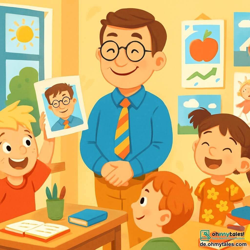Ein lächelnder Lehrer, ein Mann in den Vierzigern mit braunen Haaren und runden Brillen, steht in der Mitte des Klassenzimmers. Er trägt ein blaues Hemd und eine bunte Krawatte und sieht fröhlich und stolz aus, während er seine Schüler ansieht. Rechts von ihm hebt Tim, ein 8-jähriger Junge mit zerzausten blonden Haaren und einem roten T-Shirt, begeistert die Hand und hält ein buntes Bild seines Lehrers. Links rezitiert Lina, ein 7-jähriges Mädchen mit braunen Zöpfen und einem Blumenkleid, mit einem großen Lächeln ein Gedicht, umgeben von ihren Mitschülern, die aufmerksam zuhören. Die Szene spielt in einem hellen Klassenzimmer mit Wänden, die mit Kinderzeichnungen und Bildungsplakaten dekoriert sind. Sonnenlicht strömt durch die Fenster und erhellt die Holztische, auf denen bunte Stifte und Bücher liegen. Die Hauptsituation zeigt den Lehrer, der das Ende des Schuljahres mit seinen Schülern feiert, die fröhlich singen und tanzen, erfüllt von Aufregung und Stolz über ihre Leistungen.