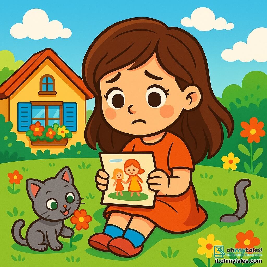 Una bambina di 6 anni, Sofia, con lunghi capelli castani e occhi scintillanti, è seduta sull'erba verde di un giardino soleggiato. Ha un sorriso dolce ma uno sguardo un po' triste, tenendo in mano una lettera colorata. Accanto a lei, un gattino grigio, Ombretta, con occhi verdi brillanti, gioca con un fiore, portando gioia alla scena. Sullo sfondo, si vede una casetta accogliente con persiane blu e fiori colorati che circondano il giardino. Il cielo è di un blu vivace, punteggiato da nuvole bianche e soffici. Sofia, guardando la lettera, ricorda i momenti trascorsi con la mamma a giocare insieme, mentre Ombretta, curioso, si avvicina a lei, pronto a offrirle conforto. La scena trasmette un'atmosfera di tenerezza e speranza, illustrando il legame speciale tra Sofia e il suo amico a quattro zampe.