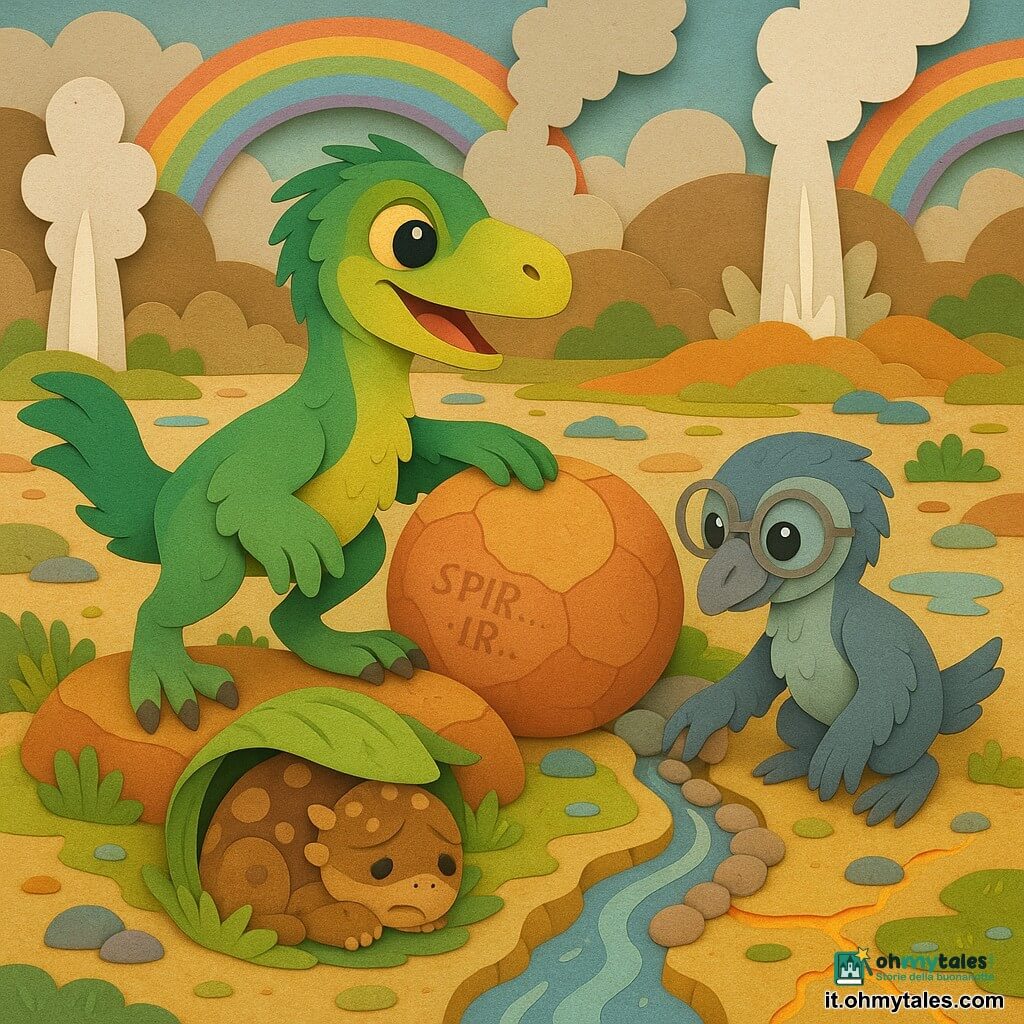 Un giovane velociraptor sorridente e determinato dal piumaggio morbido verde e giallo, grandi occhi brillanti e lunghe unghie arrotondate, appoggiato su una pietra riscaldata con una zampa su una grande pietra che respira; Tro, un piccolo e astuto troodonte dal piumaggio grigio-azzurro e occhiali di carta, inginocchiato accanto al velociraptor ad allineare ciottoli per formare un canale; un cucciolo di ankylosauro tremante con corazza rotonda e macchie brune avvolto in una foglia d'erba offerta dal velociraptor, sdraiato vicino alla pietra; luogo: campo di geyser colorati con colonne di vapore bianche e arcobaleni, rocce lisce, muschi verdi, licheni blu, pozze luccicanti e fessure luminose nel terreno; situazione: i personaggi collaborano per risvegliare la pietra e far scaturire un getto d'acqua limpida che scorre tra i ciottoli in un piccolo ruscello, atmosfera dolce, calda e di mutuo aiuto.