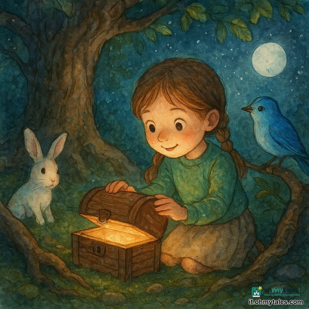 Una bambina di 6 anni dagli occhi grandi e capelli castano chiaro in due trecce, volto curioso e sorriso timido, con maglione verde e gonna di tela, inginocchiata ad aprire un piccolo scrigno di legno fra le radici di un albero; meravigliata e concentrata, mani delicate che sollevano il coperchio mentre una luce calda illumina il suo viso; un uccello azzurro è su un ramo basso a destra, attento e inclinato verso lo scrigno; un coniglietto bianco con una zampa tremante esce dietro una radice a sinistra, sguardo riconoscente e orecchie dritte; bosco notturno con muschio, foglie umide e radici nodose che formano un'alcova, l'albero ha foglie lucenti come lanterne; scena illuminata dalla luna argentata e dal bagliore caldo dello scrigno contro un cielo stellato, atmosfera dolce, colori pastello e texture acquerello con leggere spruzzature intorno ai contorni.