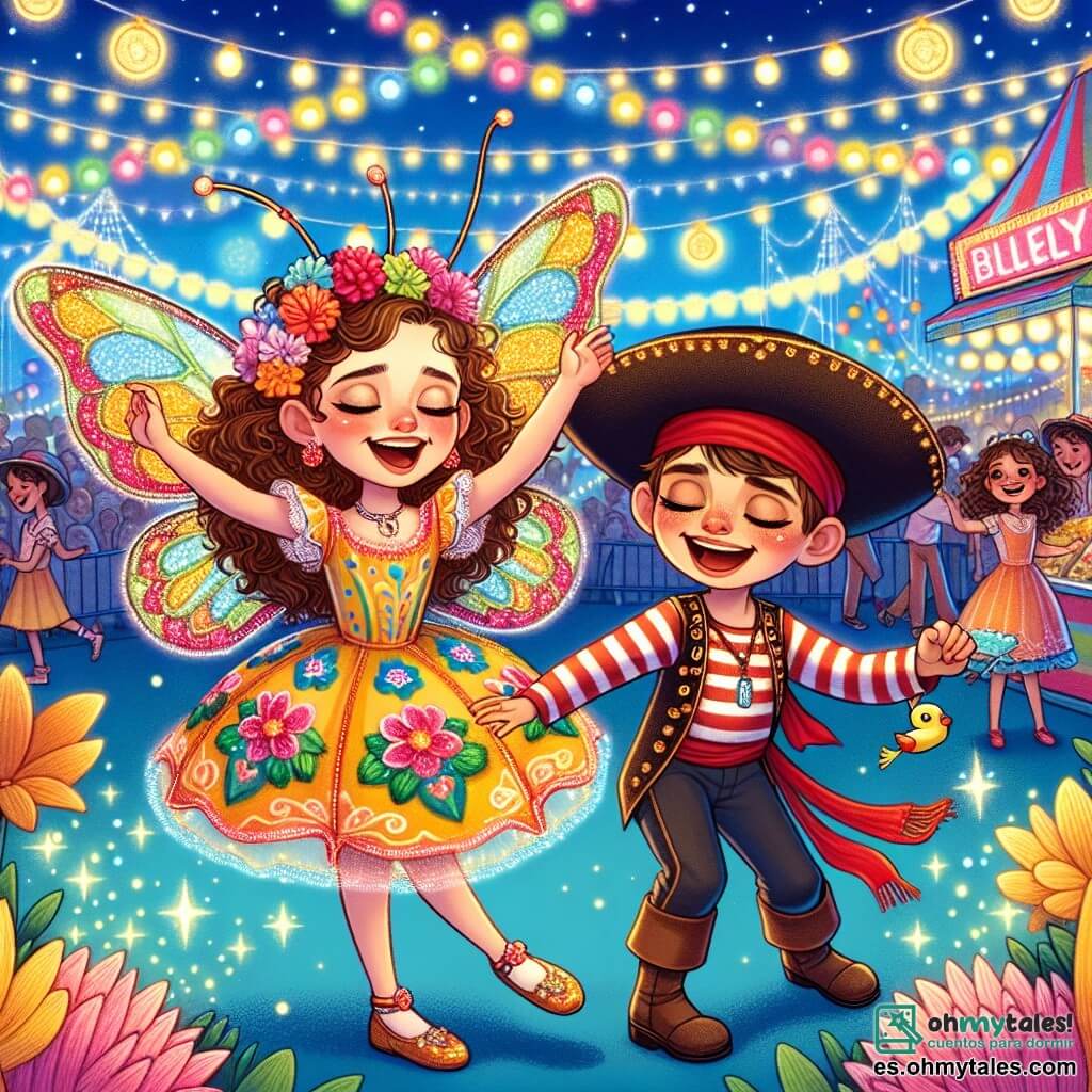 Una niña de 10 años, Clara, con cabello castaño y rizado, lleva un disfraz de mariposa colorido, con alas brillantes y motivos florales. Su rostro irradia alegría y emoción mientras baila en el carnaval, rodeada de luces centelleantes. A su lado, Miguel, un niño de 10 años disfrazado de pirata, con un pañuelo rojo y una camisa a rayas, ríe al intentar imitar los pasos de baile de Clara. Sostiene un pequeño pato de peluche que ganó en el tiro al blanco. El decorado es un parque vibrante, lleno de puestos coloridos, globos flotantes y guirnaldas luminosas, donde los niños se divierten y bailan bajo un cielo azul salpicado de nubes blancas. La escena principal muestra a Clara y Miguel bailando alegremente en medio de una multitud de personas sonrientes, capturando el espíritu festivo y mágico del carnaval.