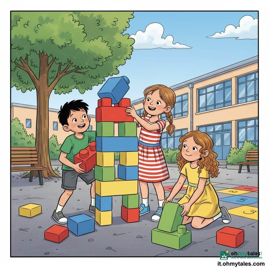 Una bambina di 8 anni, felice e rassicurata, capelli castano chiaro a codini, posa delicatamente un grosso blocco colorato su una torre multicolore; indossa un vestito a righe rosse e bianche e scarpe da ginnastica blu. Un ragazzo di circa 8 anni, Marco, entusiasta e sorridente, capelli corti neri, maglietta verde, tiene un grande blocco rosso e lo aggiunge alla parte alta della torre a sinistra della bambina. Una bambina di circa 8 anni, Lucia, calma e gioiosa, capelli lunghi e ricci, vestito giallo, stabilizza la base larga della torre a destra. Scena nel cortile della scuola con asfalto dipinto con giochi di strada, un grande albero, panchine di legno, edificio scolastico ocra con finestre blu sullo sfondo, cielo azzurro con nuvole. I tre costruiscono insieme una grande torre alta e larga con blocchi di plastica colorati, sorrisi e gesti di cooperazione, poche mattonelle cadute, atmosfera luminosa, colori vivaci e contorni netti in stile fumetto europeo caldo.