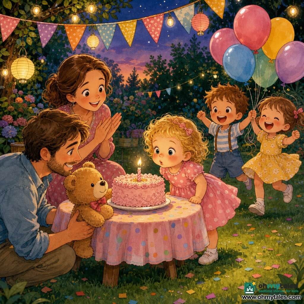 A happy 2-year-old girl with curly blonde hair in a pink polka-dot dress and white shoes blows out a small candle on a fluffy pink cake in a home garden at dusk, surrounded by a smiling tender mother (about 30) clapping, a proud bearded father (about 32) crouched nearby, two laughing child friends (3–4) holding colorful balloons, green grass, hanging lanterns and garlands, pastel-covered wooden table, and confetti ready to fall in a warm, joyful atmosphere.
