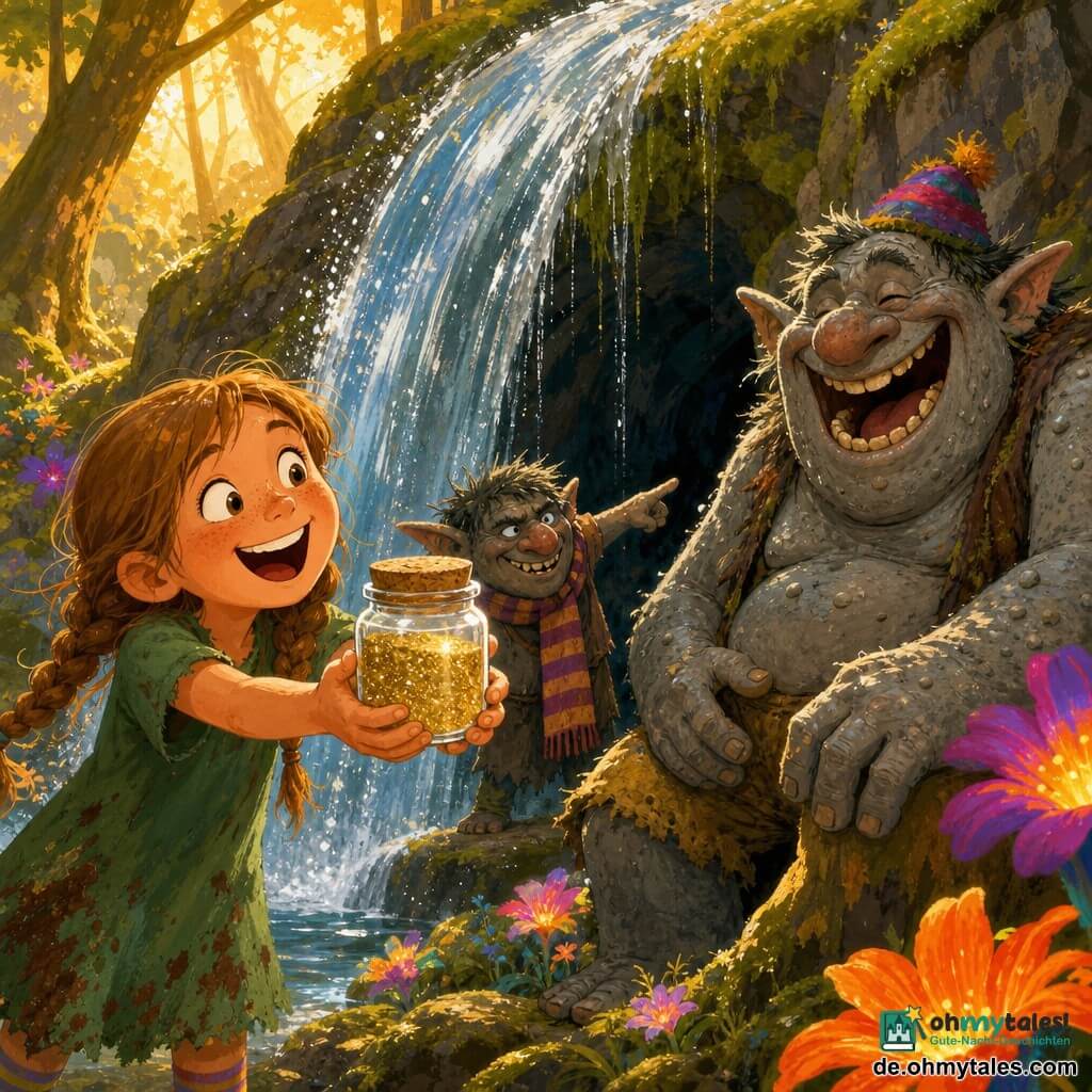 Ein zehnjähriges Mädchen, Lucy, begeistert und schelmisch, hellbraune Zöpfe, grün gekleidet, hält lächelnd ein kleines Glas mit schimmerndem Goldsand vor sich; rechts steht ein großer, rundlicher Troll mit grauer Warzenhaut und zu kleinem buntem Hut, lacht und klopft sich auf den Schenkel; ein kleinerer, brummiger, aber amüsierter Troll mit gestreifter Schals zeigt auf den Eingang einer Höhle hinter einem bogenförmigen Wasserfall; Umgebung: sprühender Nebel, moosbedeckte Felsen, leuchtende Blumen und goldenes Licht durch die Bäume; Szene: Lucy hat die versteckte Höhle erreicht und präsentiert triumphierend das Glas, humorvoll-magische, lebhafte Komposition mit satten Farben und sichtbaren Pinseltexturen.