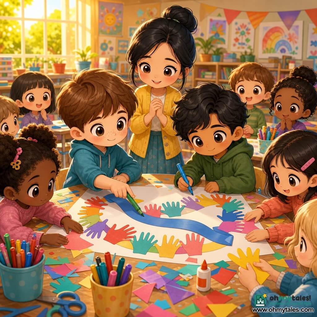 A 10-year-old boy named Milo, fair skin with freckles, short brown hair, gentle focused expression, slightly smiling, holding a green marker and pointing at a large poster on the table; a 10-year-old boy named Amir, Middle Eastern/Arab appearance, olive skin, wavy black hair, shy but cheerful, writing "hello" in Arabic on the poster's ribbon with a blue marker, sitting next to Milo; Mrs. Kwan, an Asian adult woman with black hair in a bun and a kind expression, stands behind them smiling and observing; chibi-style children of diverse backgrounds in the background, some watching, others sticking colorful cut-out hands onto the poster; bright classroom turned into a craft corner with large windows and golden sunlight, a round table covered with white paper, markers, scissors, glue and scraps of colored paper; main scene: Milo and Amir creating a welcome poster made of multicolored hand cutouts forming a garland and a long ribbon bearing "hello" in several languages, with a vivid palette (yellow, turquoise, coral), soft rounded shapes and paper textures, warm inclusive atmosphere.