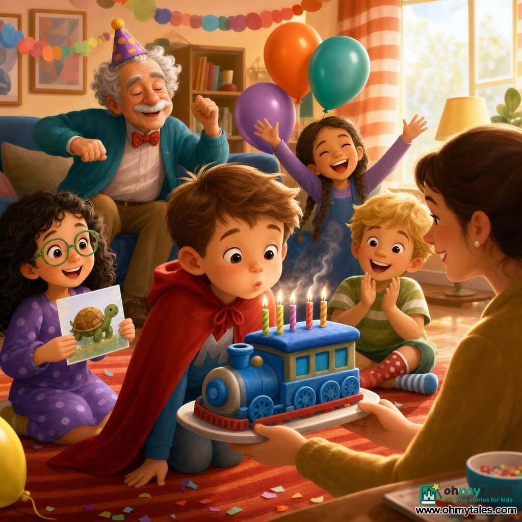A 6-year-old boy with a round freckled face, short light brown hair, and a shy smile wears a red cape with a silver M and gently blows out five candles on a blue train-shaped cake; Lila, about 6, with curly black hair, thick green glasses and a purple polka-dot dress stands left holding a card with a turtle; Sam, about 6, with tousled blond hair and mismatched socks stands right applauding; Noor, about 6, with tan skin and long braids laughs behind the cake with hands raised near a balloon; a gray-haired grandfather with bushy brows and a funny hat does a little seated dance on the blue velvet couch behind them; the mother, about 30, hair tied back, smiles proudly holding the cake in the foreground; the warm, colorful living room has multicolored paper garlands, shiny balloons, a red-orange striped rug, a blue velvet couch and soft light through a striped curtain; the scene captures the joyful calm moment as the boy blows out the candles, light smoke rising and confetti ready to fly.
