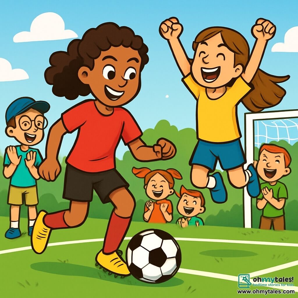 Maya, an athletic young woman with curly hair and a bright smile, dribbles a soccer ball on a sunny field, her eyes sparkling with excitement. She wears a bright red jersey and black shorts, her expression showing joyful determination. Next to her, Carla, a 12-year-old girl with long, smooth hair, jumps for joy after scoring a goal, her arms raised in victory. A group of children, including Tom, a 10-year-old boy with glasses and a cap, claps and smiles, surrounding the field with faces glowing with enthusiasm. The setting is a lush green soccer field, marked with well-defined white lines, under a clear blue sky dotted with a few white clouds. The main scene shows Maya and her young friends having fun together, playing soccer with energy and joy, creating an atmosphere of camaraderie and happiness.