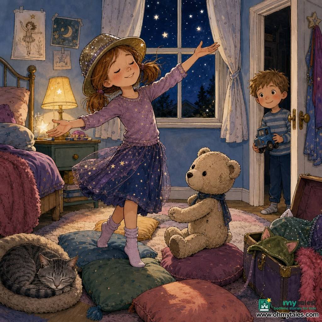 Molly, a dreamy 10-year-old girl with light brown pigtails and a glitter explorer hat, dances slowly in socks with arms wide as if reaching for stars while holding Sir Fluffington, a slightly worn beige teddy with sewn black eyes, on her lap; Joey, a curious six-year-old with tousled hair, watches smiling from the doorway with a small blue truck; a gray tabby cat sleeps curled on the rug; the cozy bedroom has pale blue walls, colorful soft cushions, a fluffy blanket, an open dress-up box with a green earred cap, a half-open curtain revealing a starry sky, and warm bedside lamp light as Molly performs the "Sleepy Star Waltz" along a path of cushions.