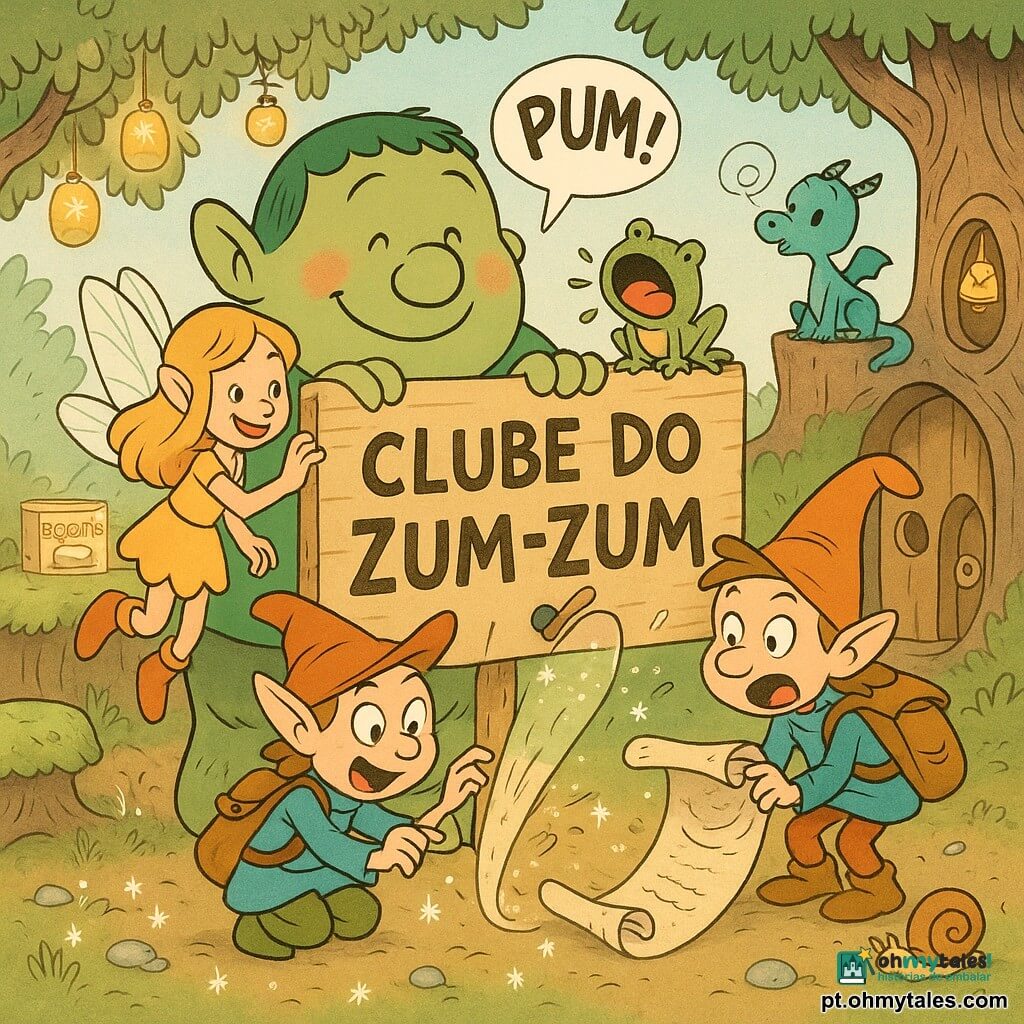 Um ogro chamado Bento, grande e verde, rosto redondo e nariz arrebitado, tímido mas feliz, segura um grande cartaz de madeira escrito CLUBE DO ZUM-ZUM e acrescenta letras com uma mão desajeitada; à esquerda, a fada Lili, cabelos mel, pequenas asas translúcidas e botas brilhantes, toca o ombro dele com sorriso encorajador; à direita, o duende Pipo, baixinho com uma grande sacola e chapéu pontudo, desenrola um pergaminho antigo que espalha glitter; atrás, sobre um toco, o dragonete Neco, pequeno e azul, solta uma fumaça fina observando curioso; sobre o cartaz um sapo cantor verde solta um “PUM!” cômico; cenário: uma clareira encantada com chão de pedras cintilantes, tronco oco com porta e campainha de concha, lanternas de vaga-lumes, bancos de musgo e uma mesa de cristal de açúcar; situação: reunião de clube alegre e um pouco caótica com risos, nuvem de biscoitos, brilhos voando e pequenos acontecimentos cômicos.