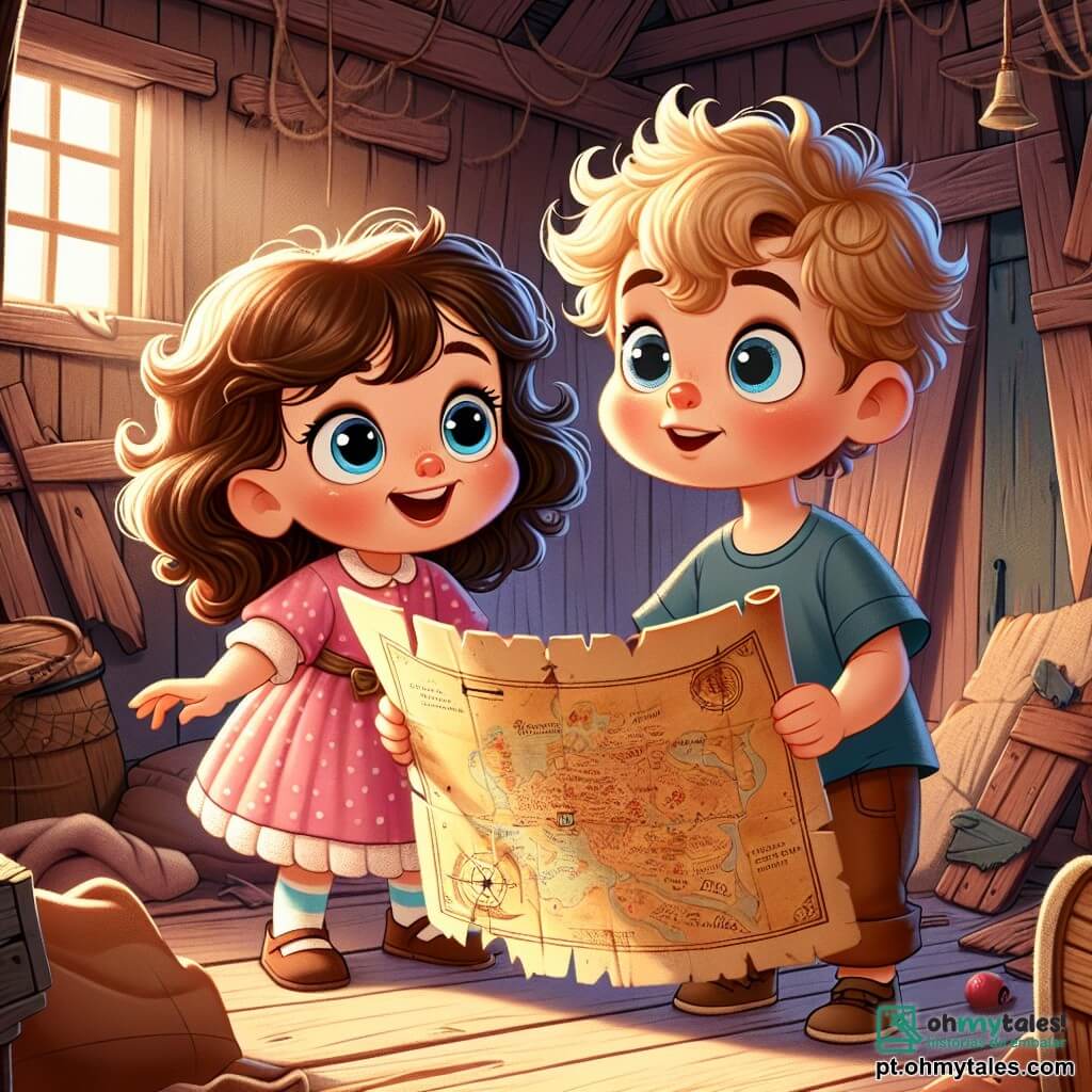 Uma menina de 4 anos, chamada Lili, com grandes olhos brilhantes e cabelos cacheados castanhos, veste um vestido rosa com bolinhas brancas. Ela tem um sorriso maravilhado e segura um velho papel amarelado, um tesouro de mapa do tesouro, em suas pequenas mãos. Ao lado dela, seu amigo Tomás, um menino de 4 anos com cabelos loiros bagunçados e uma camiseta azul, observa o mapa com curiosidade, os olhos arregalados. Eles estão em uma velha casa empoeirada, com paredes de madeira desgastadas e teias de aranha nos cantos, onde uma luz suave filtra através de uma janela quebrada. A cena mostra Lili e Tomás, animados e determinados, prontos para explorar e descobrir o mistério do tesouro escondido, cercados por móveis antigos e objetos esquecidos.
