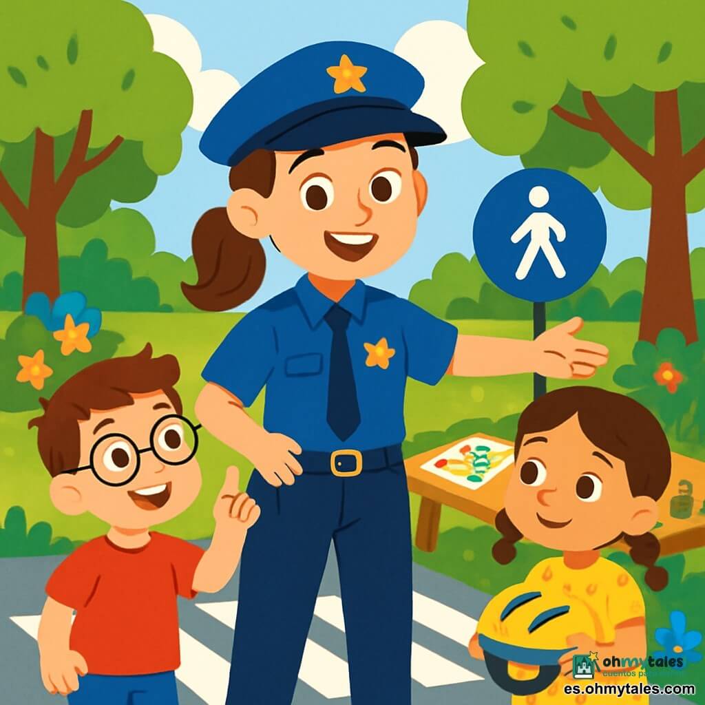 Una joven policía sonriente, vestida con un uniforme azul brillante y una gorra suave, se encuentra en el centro del parque. Tiene el cabello castaño recogido en una coleta y ojos brillantes de alegría. Les muestra a los niños cómo cruzar la calle de manera segura, con una gran sonrisa cálida. A su derecha, un niño de 7 años, con gafas y una camiseta roja, levanta la mano para hacer una pregunta, su rostro es curioso y entusiasta. A su izquierda, una niña de 6 años, con trenzas y un vestido de flores, sostiene un casco de bicicleta, lista para aprender. El parque está lleno de verdor, con grandes árboles de hojas verdes y flores coloridas que bordean los senderos. Hay mesas dispuestas con juegos y dibujos, creando un ambiente alegre y acogedor. La situación principal muestra a la policía explicando a los niños cómo cruzar la calle de manera segura, con gestos claros y expresiones alegres, mientras los niños la escuchan atentamente, cautivados por sus consejos.