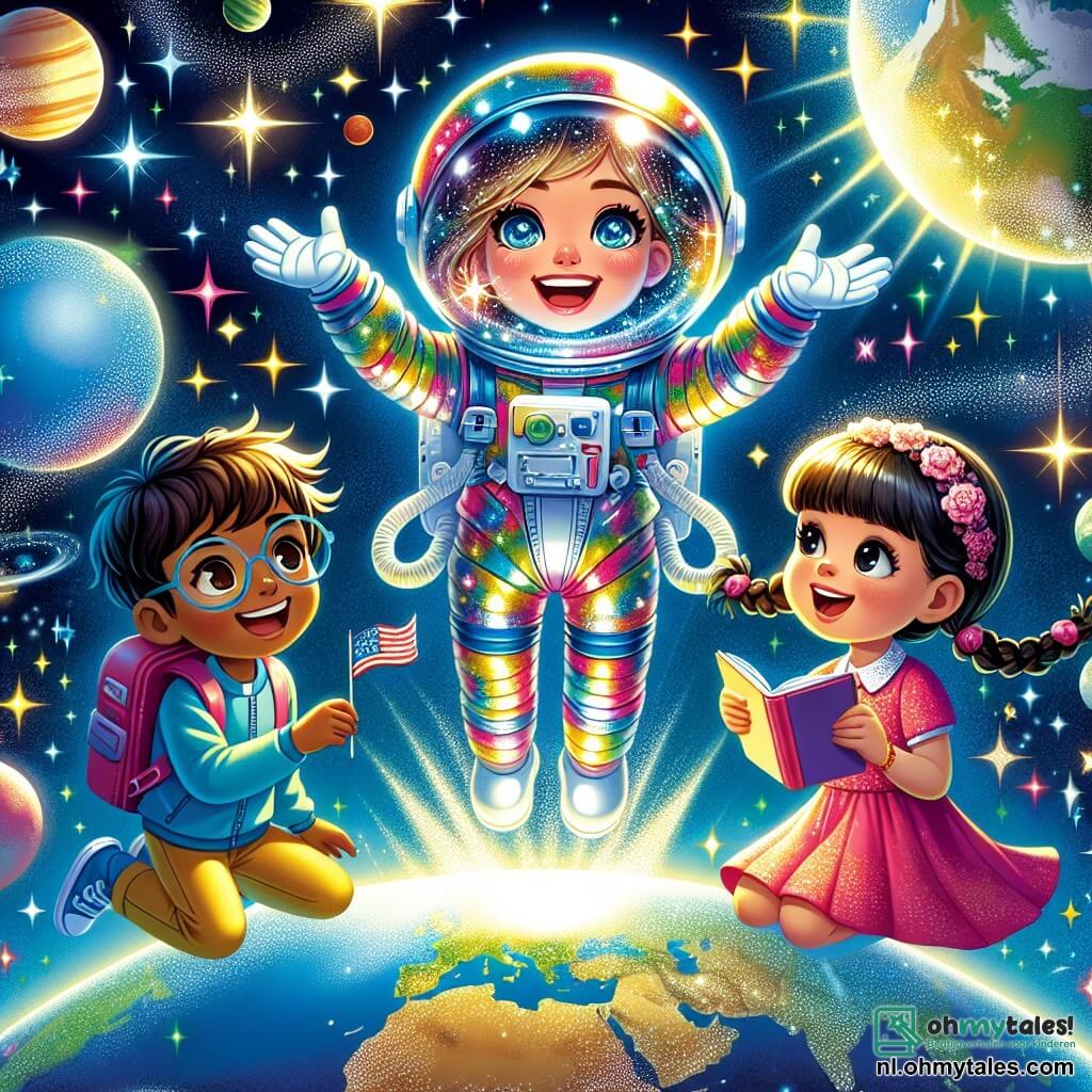 Een astronaut, Mevrouw Ster, is een glimlachende vrouw met blond haar en sprankelende ogen, gekleed in een glanzend en kleurrijk ruimtepak. Ze zweeft vrolijk in de ruimte, omringd door schitterende sterren en kleurrijke planeten, terwijl ze een klein aardvlaggetje vasthoudt. Naast haar kijkt Tim, een 8-jarig jongetje met bruin haar en een bril, verwonderd met zijn armen wijd open alsof hij de sterren wil aanraken. Lisa, een 7-jarig meisje met vlechten en een roze jurk, maakt aantekeningen in een klein zwevend notitieboekje, gefascineerd door de schoonheid van het universum. De scène speelt zich af in de uitgestrektheid van de ruimte, waar sterren als diamanten op een diep zwarte achtergrond schitteren, en de aarde eronder verschijnt, blauw en groen, verlicht door de zon. De hoofdactie toont Mevrouw Ster die de kinderen het belang van ruimteverkenning uitlegt, terwijl ze samen in hun ruimteschip zweven, vol nieuwsgierigheid en verwondering over de oneindigheid van het universum.