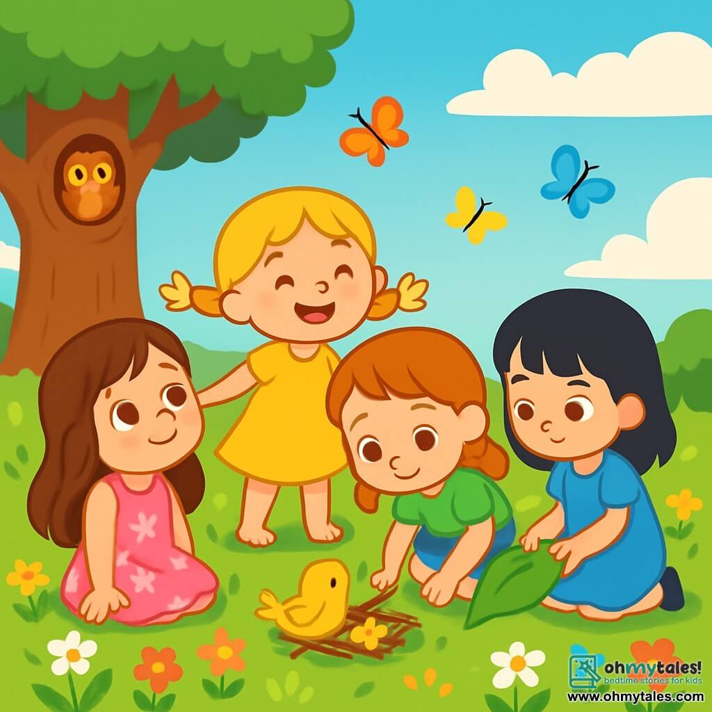 There are 4 children: - Lily: a 4-year-old girl with long brown hair, wearing a pink floral dress. She is sitting on the grass, her eyes sparkling with curiosity as she looks at the sky. - Rose: a 4-year-old girl with braided blonde hair, dressed in a yellow dress. She stands near Lily, smiling with her arms open as if welcoming nature. - Daisy: a 4-year-old girl with red hair, wearing a green t-shirt and denim shorts. She is crouched down by a small injured bird, her expression gentle and concerned. - Poppy: a 4-year-old girl with black hair, dressed in a blue dress. She is next to Daisy, holding a leaf to make a small nest for the bird, looking determined. The scene takes place in a sunny meadow filled with colorful flowers swaying in the wind. Colorful butterflies flutter around them, and a majestic tree stands in the background, with a hole where a wise owl hides. The sky is bright blue with fluffy white clouds. The main situation shows the four girls gathered around a small injured bird, their faces full of compassion. They care for it tenderly, creating a small nest with leaves and twigs, while sharing smiles and laughter, illustrating the beauty of friendship and helping one another.