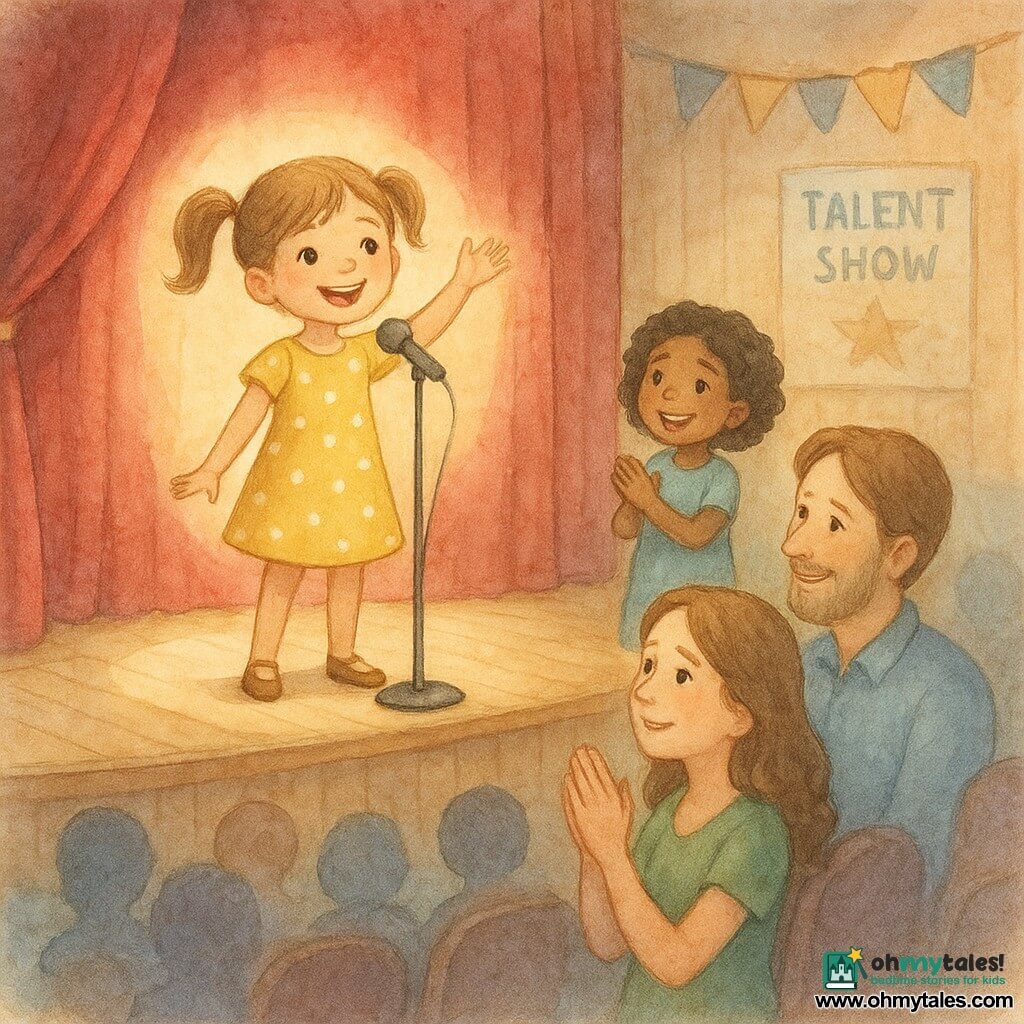 A 6-year-old girl with light brown pigtails and bright eyes in a yellow polka-dot dress, radiant and confident, sings on a small stage raising one hand; another 6-year-old (Emma) with curly black hair and an encouraging smile stands just offstage applauding with admiration; the father, about 35, with a light beard and blue shirt, sits in the front row leaning forward proudly to applaud; the mother, about 34, in a green dress with hands clasped to her chest and an emotional expression, sits beside him; the scene is a small city theater of light wood with a red velvet curtain behind the girl and a warm spotlight on her, the audience shown as blurred colorful silhouettes in rows of chairs with festive banners and "Talent Show" posters on the walls, rendered in a soft, luminous watercolor style with pastel tones, delicate lines, warm light reflections, and a sense of tender triumph and shared joy.