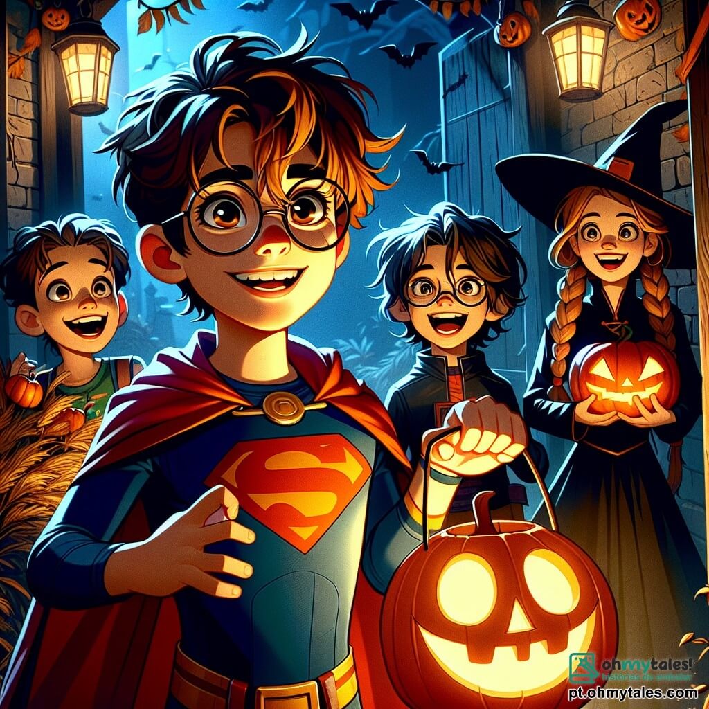 Um garoto de 10 anos, chamado João, está no centro do palco, com cabelos castanhos bagunçados e um grande sorriso no rosto, iluminado pela luz de uma lanterna que ele segura na mão. Ele usa um traje de super-herói colorido, com uma capa vermelha esvoaçando atrás dele, e seus olhos brilham de excitação e curiosidade. Ao lado dele, sua melhor amiga Ana, uma menina de 10 anos com cabelos longos e loiros trançados, veste um traje de bruxa preto com um chapéu pontudo. Ela observa ao redor com um misto de apreensão e admiração, segurando uma pequena abóbora decorada em seus braços. Ao fundo, Pedro, um garoto de 10 anos com óculos e cabelos castanhos, ri enquanto tenta levantar um velho pano que cobre um móvel, revelando uma sombra misteriosa. A cena se passa em uma velha casa abandonada, com paredes de madeira desgastadas e janelas empoeiradas. Teias de aranha pendem nos cantos, e lanternas em forma de abóbora estão penduradas, projetando uma luz acolhedora e festiva. O chão está coberto de folhas secas, acrescentando um toque de Halloween à atmosfera. A situação principal mostra os três amigos descobrindo a casa misteriosa, prontos para viver uma aventura emocionante, cercados por decorações de Halloween e uma atmosfera mágica, enquanto uma silhueta amigável, a de Dona Lúcia, se perfila ao fundo, pronta para recebê-los.