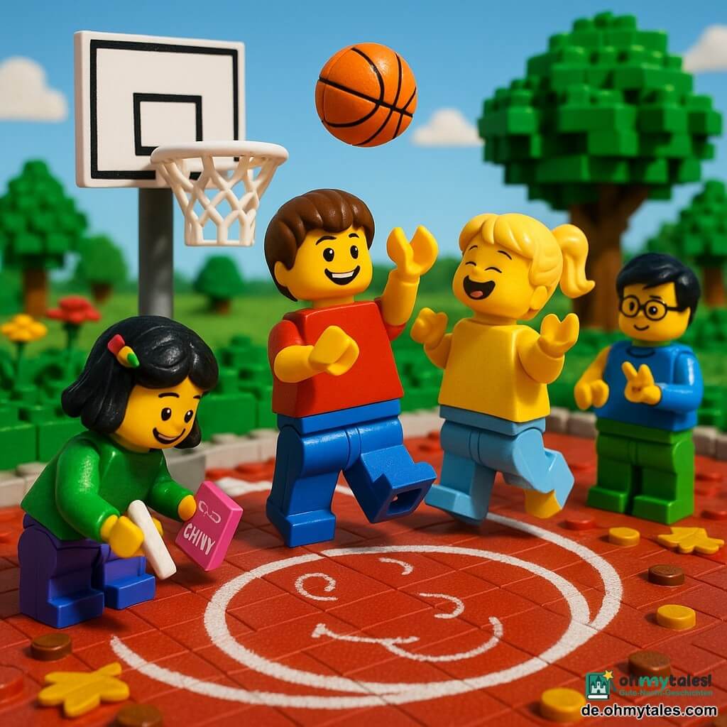 Sechsjähriger Ben, braun kurzhaarig, lächelnd und konzentriert, wirft begeistert einen orangefarbenen Basketball; etwa fünfjährige Leni mit runder, sommersprossiger Stirn und blonder Pferdeschwanz springt lachend rechts von ihm; etwa sechsjährige Mina mit schwarzen Haaren und bunten Haarklammern hält eine rosa Kreidenschachtel und zeichnet links einen großen weißen Kreis; etwa siebenjähriger Oskar mit eckiger Brille und ernst-fröhlichem Blick zählt an den Fingern am hinteren Rand des Kreises; Spiel auf einem kleinen LEGO-Basketballplatz mit rotziegelfarbigem, strukturiertem Boden, weißen Linien, weißem Metallkorb auf grauem Pfosten, verstreuten Kastanien und gelben Blättern; Ball fliegt zum Korb, Kreis ziert ein kleines Ohr- und ein lachendes Mundmotiv; bunte, kontrastreiche, leicht überzeichnete freundliche Mimik, spätnachmittagshelle Beleuchtung, klarer blauer Himmel mit wenigen weißen Wolken.