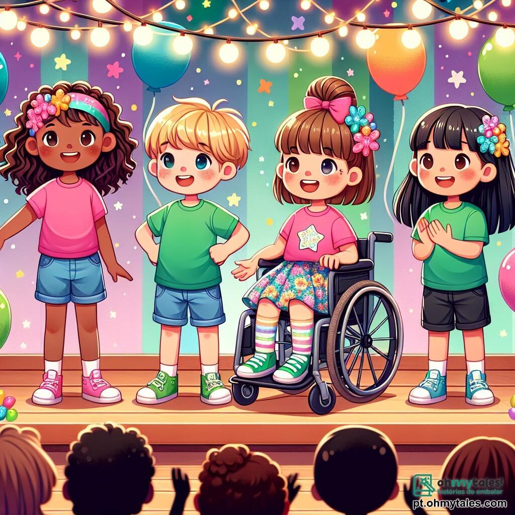 Quatro meninas alegres, com cerca de 10 anos, estão em um palco colorido em uma escola. Sofia, com cabelos castanhos ondulados, usa uma camiseta rosa e shorts jeans, sorrindo confiante e pronta para dançar. Clara, com cabelos loiros curtos, veste uma regata azul vibrante e uma saia florida, levantando os braços com entusiasmo. Joana, com cabelos castanhos trançados, está de camiseta verde e calças pretas, olhando para as amigas com admiração e determinação. Ana, com cabelos lisos e negros, sentada em uma cadeira de rodas decorada com adesivos coloridos, aplaude as amigas com um grande sorriso, incentivando-as. O palco de madeira é decorado com luzes e balões coloridos, enquanto um público entusiasmado aplaude ao fundo. As meninas se preparam para apresentar sua dança, um momento de autoconfiança e amizade, prontas para mostrar seus talentos diante de colegas e familiares.