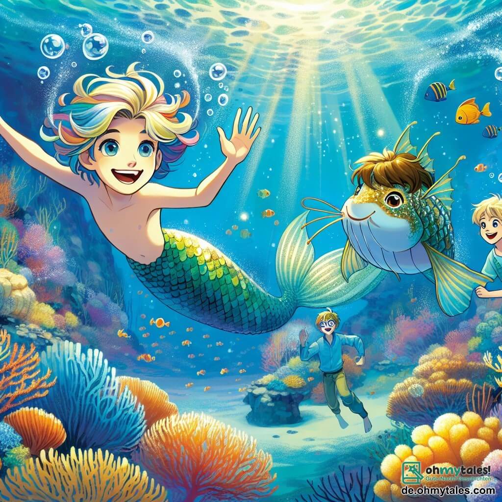 Eine fröhliche Meerjungfrau namens Mira schwimmt im kristallklaren Glitzermeer. Sie hat lange, bunte Haare, die wie Regenbögen funkeln, und einen wunderschönen Wels mit goldenen Schuppen. Ihr Gesicht strahlt mit einem großen Lächeln, und sie winkt ihren Freunden zu, sie zum Unterwasser-Tanz einzuladen. Neben ihr schwimmt ein 10-jähriger Junge namens Felix mit zerzausten braunen Haaren und neugierigen Augen. Er trägt eine blaue Badehose und ist von der Schönheit des Meeres begeistert. Ein weiterer Junge, Tim, ebenfalls 10 Jahre alt, mit blonden Haaren und schüchternem Blick, beobachtet sie lächelnd und ist bereit, sich dem Abenteuer anzuschließen. Der Ort ist ein magischer Ozean, in dem sich farbenfrohe Korallen bis zum Horizont erstrecken, beleuchtet von Sonnenstrahlen, die durch das Wasser filtern. Bunte Fische schwimmen um sie herum, und Luftblasen treiben sanft an die Oberfläche. Die Hauptsituation zeigt Mira und Felix, die fröhlich unter Wasser tanzen, während Tim etwas im Hintergrund steht und sich darauf vorbereitet, ihnen beizutreten, umgeben von lustigen Meeresbewohnern und einer festlichen Unterwasseratmosphäre.