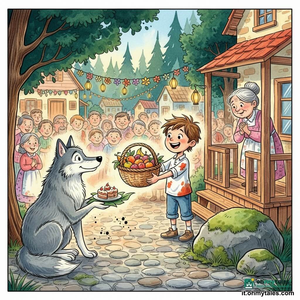 Bambino di 6 anni, capelli castani spettinati, occhi ridanciani, largo sorriso e macchie di marmellata sulla camicia, porge un grande cesto di frutti colorati al lupo; grande lupo grigio dagli occhi dolci, pelo tratteggiato a inchiostro, postura calma e accogliente, serve dolci su una grande foglia seduto vicino a una grossa pietra; donna di circa 60 anni, capelli grigi raccolti in chignon, abito a fiori, sorride sul portico con le mani conserte; piazza del villaggio al margine di una foresta, pavé irregolari, case di legno pastello, ghirlande di fiori e lanterne, alberi scuri e fogliame verde smeraldo che incorniciano; scena di festa conviviale in cui il bambino presenta il lupo ai paesani, atmosfera calda, gesti amichevoli, colori vivaci, contorni a inchiostro nero e lavaggi colorati per i dettagli.