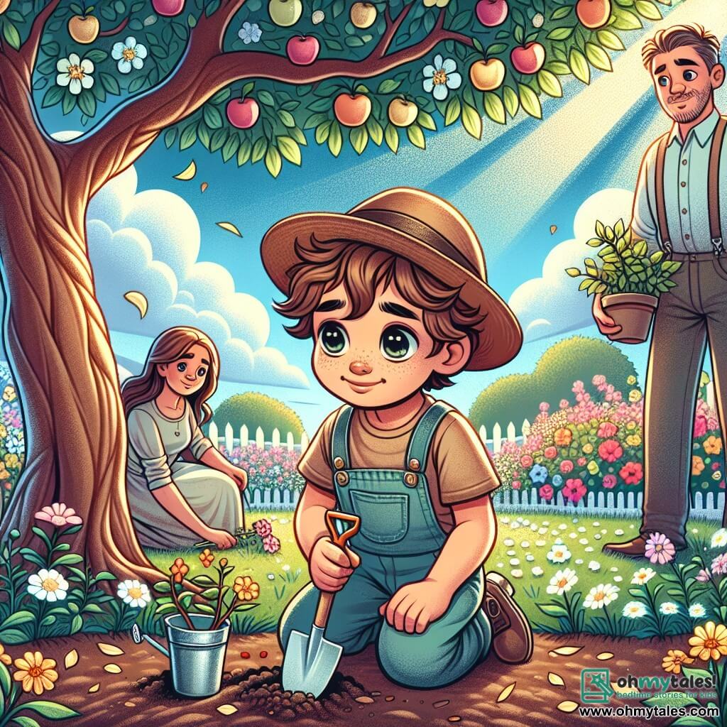 A 7-year-old boy with curly brown hair and sparkling eyes wears a worn hat and smiles gently while holding a small shovel. He sits under a large apple tree, surrounded by colorful flowers, with a sweet melancholy expression as if reminiscing about precious memories. Next to him, his mother, a woman in her thirties with long brown hair, wears a light dress and looks at her son tenderly, a slight smile on her lips, while holding a small potted plant. A little further away, his father, a man in his thirties with a light beard and gentle eyes, leans down to plant a flower, showing an air of serenity and support. The scene takes place in a sunny garden filled with bright colors, featuring flowering trees and a blue sky dotted with fluffy white clouds. The majestic apple tree provides gentle shade, and the ground is scattered with flower petals. The main situation shows the boy and his parents planting flowers together, symbolizing a tribute to his grandfather while sharing joyful and moving memories, creating a moment of family connection and comfort.