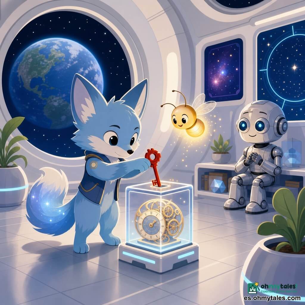 Personaje principal: un pequeño animal fantástico parecido a un zorro de orejas puntiagudas, pelaje azul suave y cola brillante, expresión atenta y orgullosa, que sostiene una llave roja y la coloca delicadamente en una caja transparente; secundario: una luciérnaga amiga, pequeña y dorada, vuela sobre el hombro del zorro con luz cálida y ojos alegres iluminando la caja; otro secundario: un robot miniaturizado de metal pulido y ojos de vidrio sentado en una estantería baja al fondo, con mirada feliz y aliviada observando la escena; lugar: interior de un observatorio futurista con suelo gris pálido, paredes blancas con paneles luminosos, grandes ventanas circulares que muestran una Tierra azul, macetas redondas y pantallas coloridas con estrellas; situación: momento calmado y solemne en que el niño-lector ve la llave volver a su lugar — la mano posa la llave con un pequeño clic, luz suave y ambiente de responsabilidad y reparación del tiempo.
