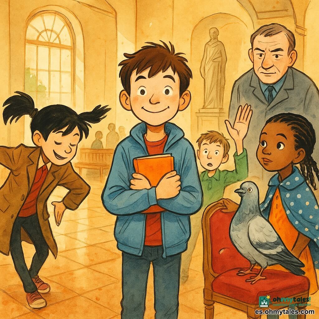 Lucas, un niño de 10 años, sonriente y aliviado, pelo castaño despeinado, con chaqueta azul clara, sostiene cerca del pecho un cuaderno naranja y mira al público; a su izquierda Nora, también de 10 años, enérgica, con coleta negra y una chaqueta vieja demasiado grande, hace una reverencia teatral; a su derecha Dani, de 10 años, tranquilo y torpe, pelo castaño corto y camisa verde, levanta la mano en gesto cómico como si confesara una travesura; Amina, de unos 10 años, curiosa y orgullosa, con trenzas y una capa corta de lunares, está junto a una silla de terciopelo rojo con la mano en el respaldo; detrás, el conserje Sr. Roque, unos 50 años, serio pero amable, cejas tupidas y bata gris, observa con media sonrisa; en la silla está posada una paloma blanco-gris de plumas algo despobladas, con gesto teatral; lugar: gran vestíbulo del ayuntamiento de paredes crema, suelo de baldosas brillantes, estatua al fondo y bancos con algunos espectadores, luz cálida de tarde por una ventana alta; situación: los cuatro niños representan una pequeña obra alegre ante un público sorprendido; la paloma provocó un pequeño incidente con un megáfono sobre una mesa; ambiente divertido y acogedor, gestos exagerados y risas contenidas.