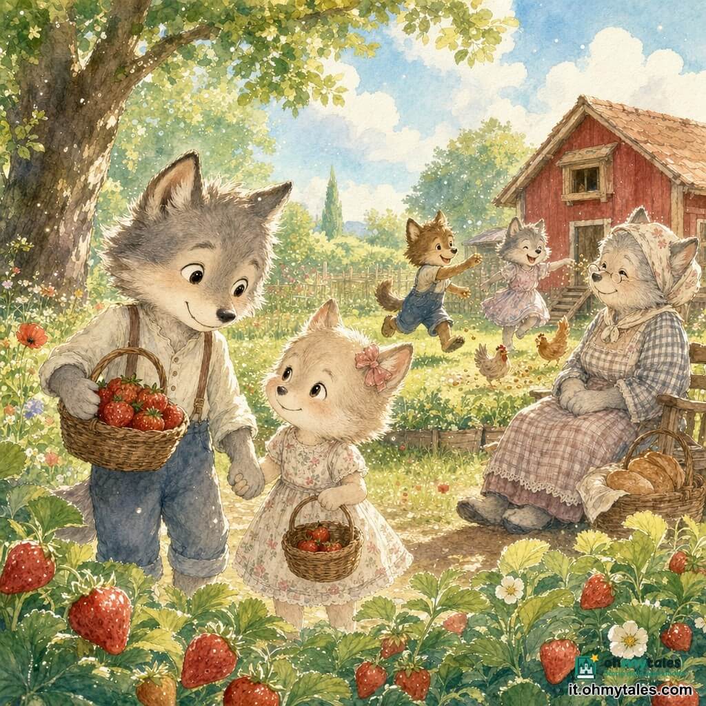 Un giovane lupo antropomorfo grigio chiaro, pelo soffice, occhi grandi e benevoli e sorriso tenero, tiene delicatamente un piccolo cesto di fragole rosse e succose; accanto a lui una bimba lupa più piccola dal pelo crema, sguardo timido e gioioso, in un vestitino leggero a fiori con il cesto quasi vuoto, tiene la mano del giovane lupo. Sullo sfondo due cugini lupi (ragazzo energico e ragazza ridente) dal pelo bruno e grigio corrono ridendo verso un pollaio colorato lanciando mais alle galline; la nonna lupa anziana e dolce in abito a quadri sorride seduta su una panca vicino a un cesto pieno di pane, guardando i bambini con affetto. Ambientazione: fattoria estiva illuminata da luce dorata, prato verde con papaveri, un grande albero ombroso, un orto con file di fragole e un piccolo pollaio di legno rosso sotto un cielo azzurro punteggiato da nuvole soffici. Situazione principale: momento tenero dopo la raccolta delle fragole — il giovane lupo aiuta la piccola a riempire il cesto, atmosfera calma e gioiosa, gesti dolci e complici, composizione incentrata sul loro legame affettuoso.