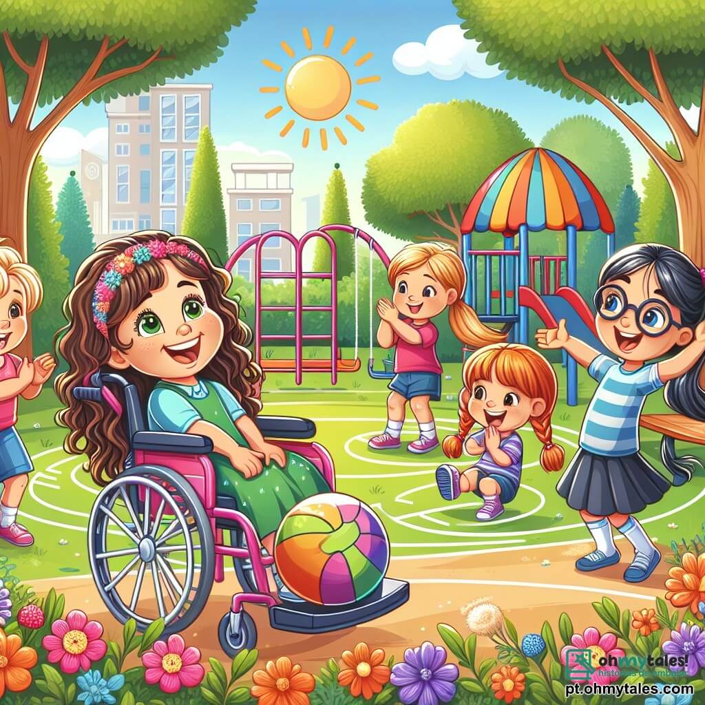 Em um parque ensolarado, uma menina de seis anos chamada Lila, com cabelos cacheados e castanhos, sorri alegremente em sua cadeira de rodas colorida, cercada por flores vibrantes. Ao lado dela, Sofia, uma menina de seis anos com cabelos loiros e trançados, levanta os braços, pronta para pegar a bola. Mia, outra menina de seis anos com cabelos castanhos e óculos, ri enquanto faz uma dança divertida, enquanto Ana, uma menina com cabelos negros e lisos, aplaude com entusiasmo. O parque está cheio de verde, com árvores majestosas, flores multicoloridas e um grande espaço de recreação onde as crianças se divertem. Ao fundo, vê-se um escorregador e balanços, acrescentando à atmosfera alegre. A cena principal mostra Lila, sorridente, como juíza do jogo, explicando as regras para seus amigos, enquanto se divertem passando a bola e dançando, todos unidos na alegria e inclusão.