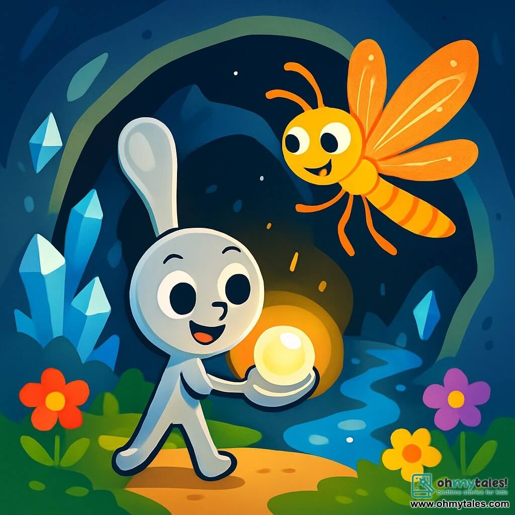 Luna, a small silver spoon, shines under the moonlight. Her face is round and smiling, and her eyes sparkle with excitement and determination. She delicately holds a glowing pearl in her spoon, ready to bring it back to the Moon Queen. Glimmer, a golden dragonfly with shimmering wings, flies around Luna. She has a joyful and encouraging expression, her wings vibrating with enthusiasm as she guides Luna toward the cave's exit. The scene takes place at the entrance of a magical cave, where sparkling crystals illuminate the walls. The water of a small stream glistens in the starlight, and colorful flowers grow around the entrance, creating an enchanted atmosphere. Luna and Glimmer stand together, ready to leave the cave, while a soft light emanates from the pearl, illuminating their faces with a warm and magical glow.