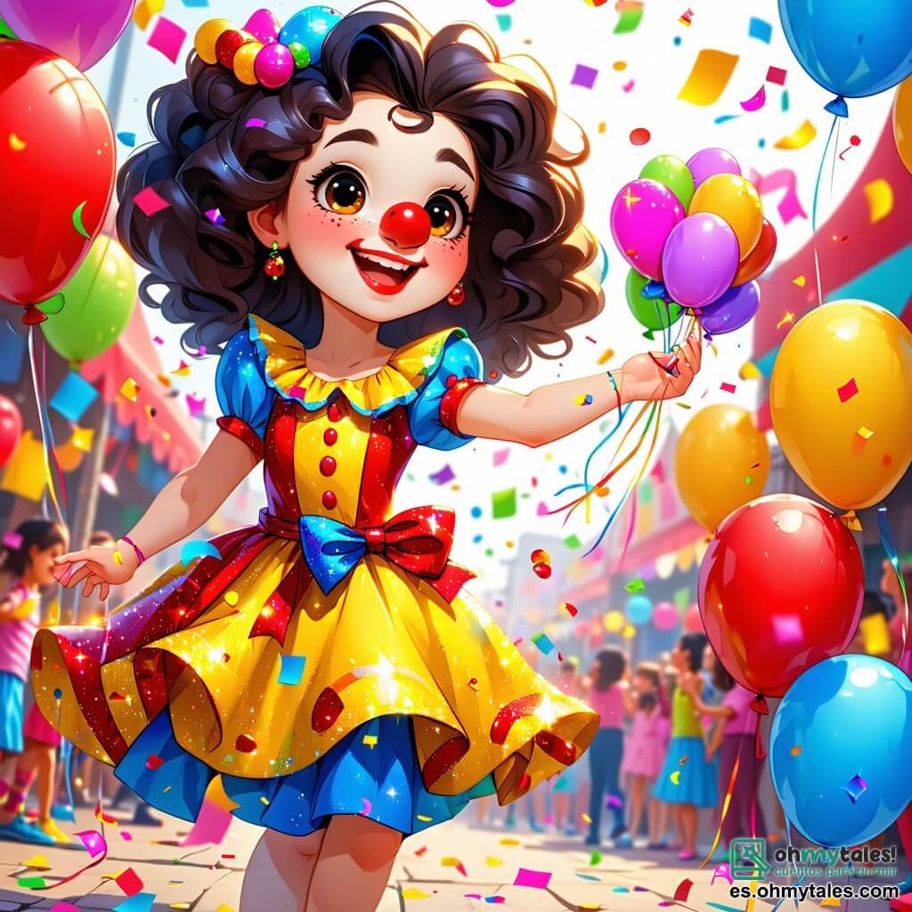 Una niña de 2 años, Luna, con grandes ojos brillantes y una sonrisa radiante, lleva un vestido brillante de colores vivos. Ella baila alegremente en medio de un carnaval, rodeada de globos multicolores y confeti que vuela por el aire. Junto a ella, un payaso de cabello rizado y colorido, con una nariz roja y una gran sonrisa, le ofrece una flor mágica. Él parece amigable y divertido, y está riendo. Al fondo, una mariposa gigante con alas brillantes vuela alrededor, añadiendo un toque de magia a la escena. El lugar es una calle animada, decorada con guirnaldas luminosas y puestos de golosinas, donde la gente lleva disfraces brillantes. Luna, llena de energía y felicidad, baila y canta, rodeada de la alegría y los colores del carnaval.