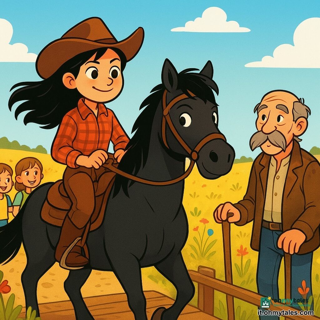 Una giovane cow-girl, Maya, sta in piedi con orgoglio sul suo cavallo nero di nome Fulmine, con un sorriso determinato sul volto. Indossa un cappello da cowboy inclinato, una camicia a quadri rossa e pantaloni di pelle marrone, i suoi lunghi capelli neri fluttuano nel vento. Accanto a lei, un vecchio signore con lunghe baffi grigi, vestito con una giacca di pelle usurata, la guarda con ammirazione, tenendo un bastone di legno. Dietro di loro, una prateria dorata si estende a perdita d'occhio, punteggiata di fiori selvatici colorati, sotto un cielo azzurro chiaro con alcune nuvole bianche. La scena mostra Maya che guida un gruppo di visitatori curiosi attraverso un ponte di legno, mentre una leggera brezza solleva la polvere intorno a loro, creando un'atmosfera di avventura e camaraderie.
