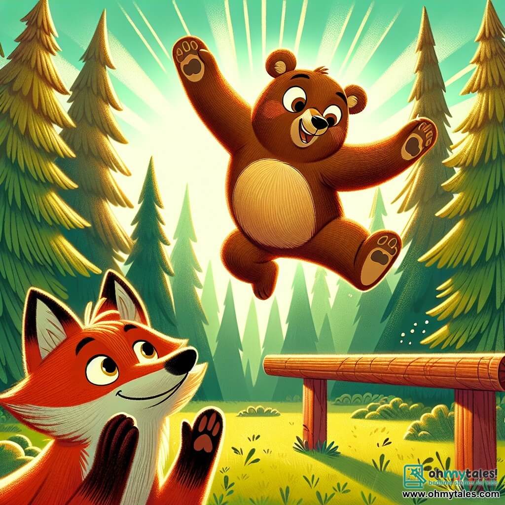 A young brown bear named Oliver, with soft and shiny fur, is performing an impressive leap on a wooden balance beam, his face radiating joy and focus. His paws are extended, and his eyes sparkle with excitement as he jumps into the air. Nearby, a clever fox named Felix, with bright red fur and mischievous eyes, encourages him with a big smile, his paws raised in applause. He stands on the ground, ready to cheer for his friend, his bushy tail waving behind him. The scene takes place in a sunny clearing in the Evergreen forest, surrounded by tall trees with vibrant green leaves, with rays of sunlight filtering through the branches, creating a warm and welcoming atmosphere. Oliver showcases his gymnastics talent while Felix, full of energy, enthusiastically cheers him on, illustrating the spirit of friendship and camaraderie in this friendly competition.