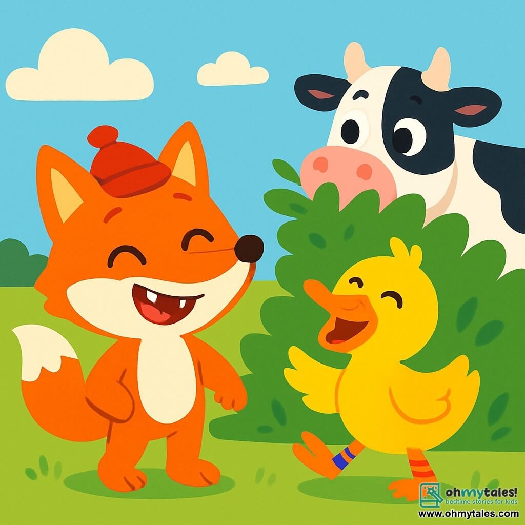 A cheerful fox with bright orange fur and a bushy tail stands in the center of the image, wearing a funny red hat. Its face is lit up by a big smile, showing its small white teeth. Next to it, a funny duck with yellow feathers and colorful socks waddles, laughing heartily. In the background, a black and white cow with big round eyes is stuck in a bush, with green leaves tickling its nose. The setting is a green field under a clear blue sky, dotted with fluffy clouds. The scene depicts the fox and the duck helping the cow out of the bush, all laughing together in a joyful and friendly atmosphere.