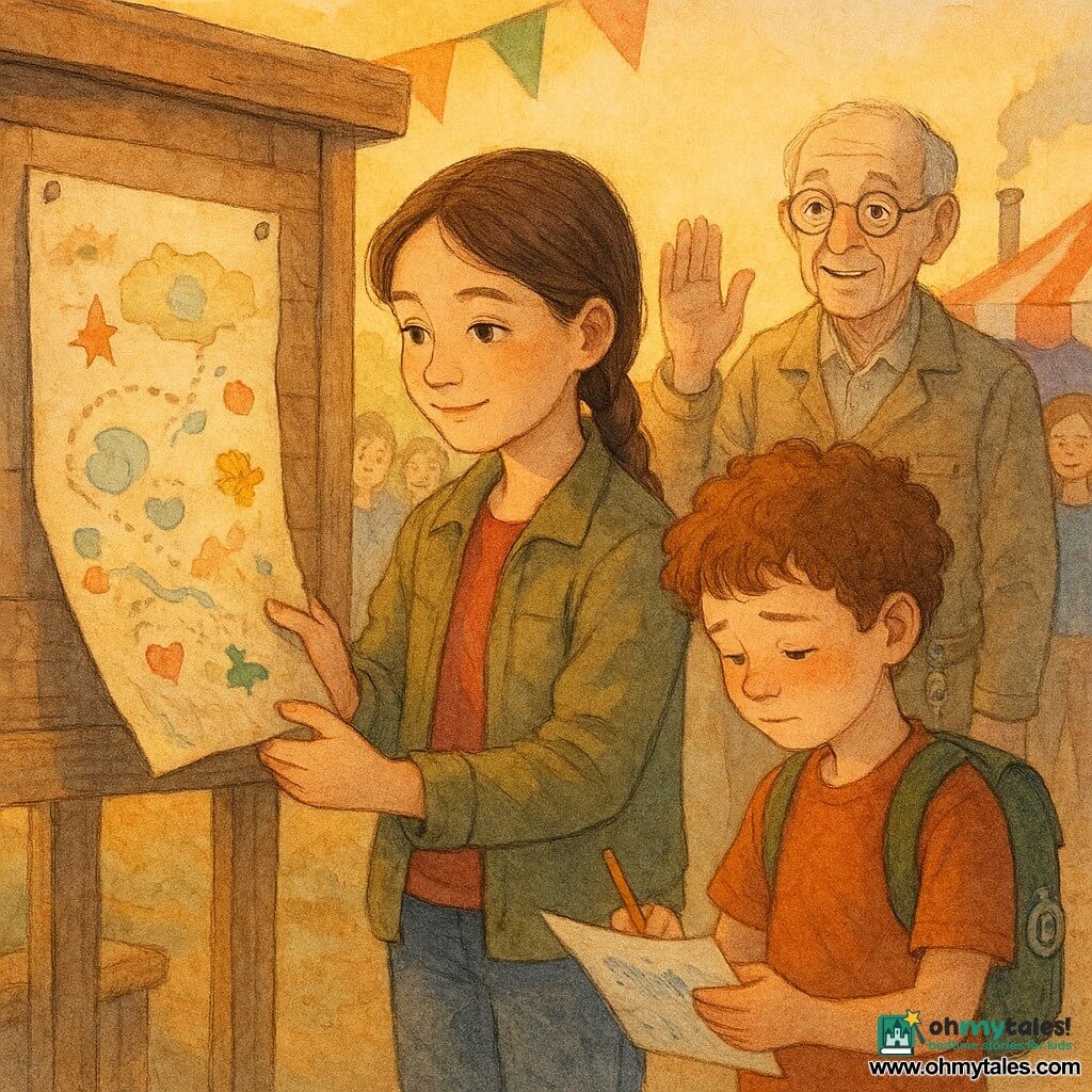 A focused, kind 10-year-old girl, Maya, with brown braided hair and a light khaki jacket, delicately holds a large folded map with frayed edges; beside her a shy, blushing 8-year-old boy, Jamie, with curly chestnut hair and a small green backpack with a compass patch, looks down holding a pencil and an ink-stained sketch page; an about-65-year-old Mr. Percy, with a wrinkled face, round glasses and a beige work jacket, stands slightly back by a blue metal booth raising his hand as if explaining, tools and screws visible at his belt; the scene is at a fairground market bulletin board—a worn wooden board nailed to a fence with colorful bunting and red-and-white striped tents in the background, a nearby table with cake crumbs and a small blue technical cabin faintly smoking; Maya is pinning the map to the board while children and a few smiling adults watch, the map edged with colorful drawings and stickers, the mood soft and orderly with golden sunset light, rendered in gentle watercolor strokes and grainy textures.