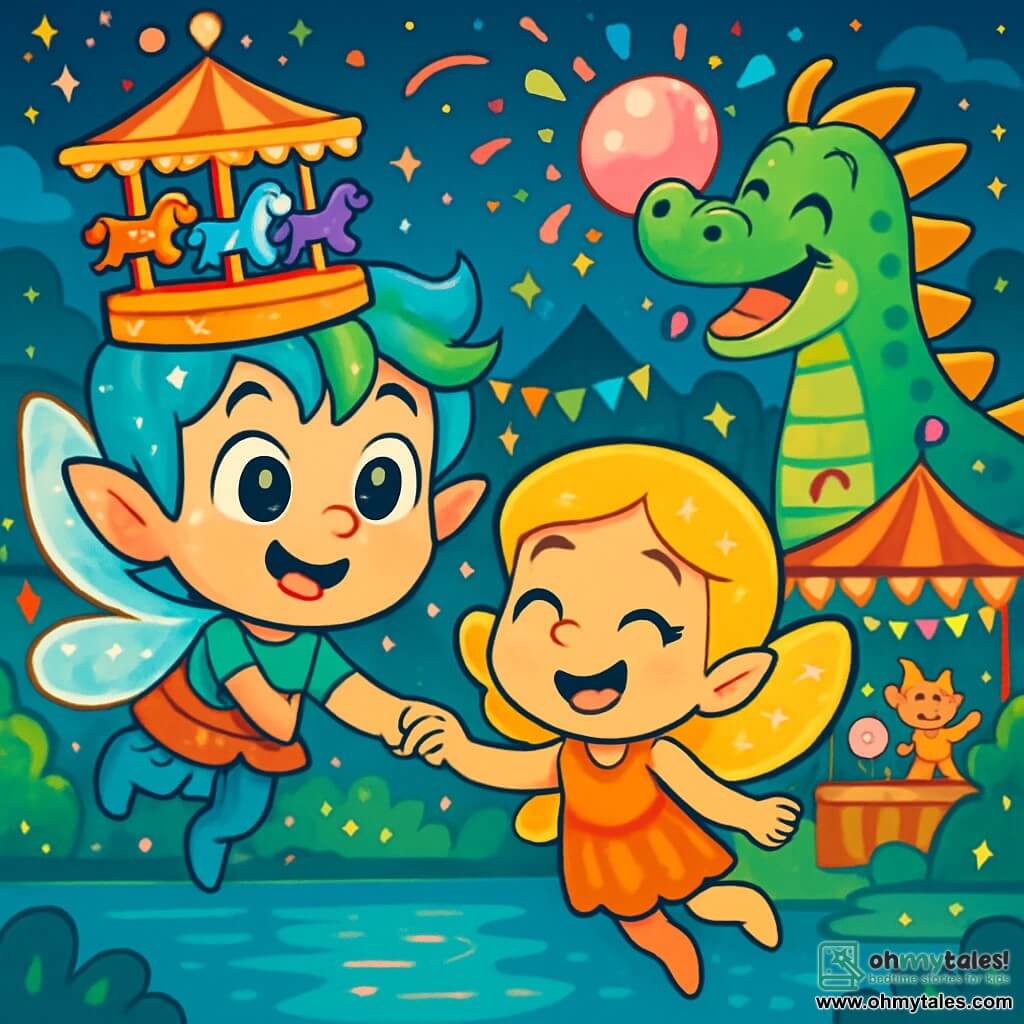 A little sprite named Twink, with shimmering star-like wings and vibrant blue and green hair, smiles in wonder as he joyfully floats above a sparkling lake. He wears a carousel-shaped hat adorned with mini colorful horses that spin around. Next to him, his friend Glimmer, another sprite with golden wings, laughs with sparkling eyes, holding Twink's hand. In the background, a friendly dragon named Puff, with shiny scales and a big smile, blows pink bubblegum that floats in the air, bursting into colorful confetti. The setting is a magical carnival filled with twinkling lights, candy stands, and festive creatures dancing around them, creating a joyful and vibrant party atmosphere. The scene captures the moment when Twink and his friends gather by the lake, surrounded by the excitement and magic of the carnival.