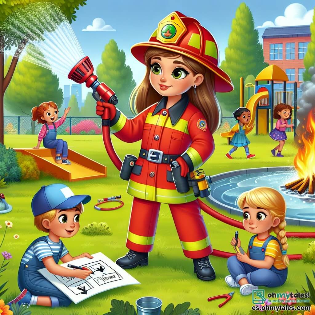 Valeria, una valiente bombera, lleva un uniforme rojo brillante y un casco amarillo. Su rostro expresa determinación y bondad mientras usa una manguera grande para apagar un pequeño fuego en el parque. Cerca, Lucas, un niño de 8 años con una gorra azul, observa con admiración, mientras sostiene un dibujo de un plan de evacuación. Ana, una niña de 7 años con trenzas rubias, está sentada en la hierba, dibujando flechas que indican las salidas de emergencia. El parque está lleno de colores vivos, con árboles verdes, flores brillantes y un tobogán al fondo. Los niños juegan alrededor, pero la atención se centra en Valeria y el fuego que apaga. La escena muestra a Valeria en acción, apagando el fuego y enseñando a los niños sobre la seguridad contra incendios, creando un ambiente de aprendizaje y aventura.