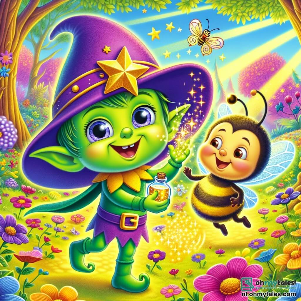 Een blije elf genaamd Zippy, met stralende groene huid en grote sprankelende ogen, draagt een paarse hoed versierd met een glanzende ster. Hij danst enthousiast midden in een veld vol kleurrijke bloemen, met een grote glimlach op zijn gezicht, terwijl hij een fles glinsterende toverdrank in zijn hand houdt. Naast hem vliegt Benny, een grote bij met gouden en zwarte strepen, vrolijk om hem heen, wat een dynamische toets aan de scène toevoegt. De achtergrond is een prachtig betoverd bos, waar majestueuze bomen naar de lucht reiken en hun glanzende bladeren het zonlicht in gouden schitteringen filteren. Multicolore bloemen, fladderende vlinders en nieuwsgierige kleine dieren dragen bij aan de magische sfeer van de omgeving. De hoofdactie toont Zippy en Benny die de terugkeer van vreugde in het bos vieren, nadat ze een magische drank hebben bereid om iedereen in het bos weer te laten glimlachen.