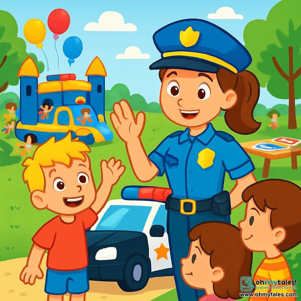 A smiling police officer, Officer Jenny, stands in the center of a sunny park, wearing a bright blue uniform with a shiny badge glinting in the sun. She has brown hair tied in a ponytail and a warm, welcoming expression. She proudly shows her police car, with flashing lights and a siren, to a group of children. Among them is a 7-year-old boy named Tommy, with messy blonde hair and sparkling curious eyes, raising his hand and smiling, fascinated by the car. He wears a red t-shirt and blue shorts, standing right next to Officer Jenny. The park is filled with vibrant colors: balloons float in the air, children play around a bouncy castle shaped like a police car, and tables are decorated with coloring books and games. Lush green trees line the park, and the sky is a bright blue with a few white clouds. The scene shows Officer Jenny explaining to the children how to cross the street safely, while Tommy listens attentively, wide-eyed, absorbing every word.