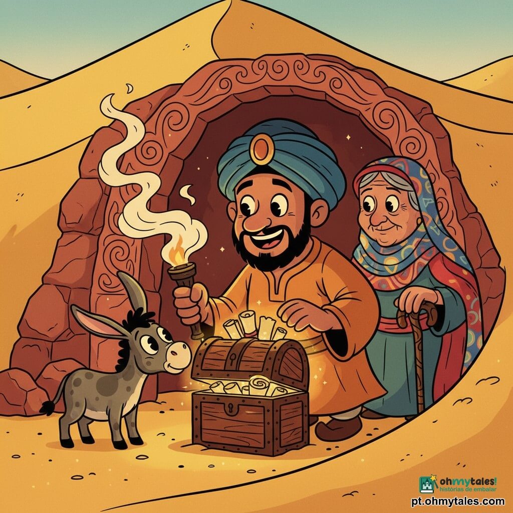 Samir, homem sorridente e emocionado, rosto redondo, pele bronzeada, barba curta preta, olhos brilhantes, veste túnica ocre e turbante azul; segura uma tocha fumegante e abre delicadamente um pequeno cofre de madeira talhada; Aisah, mulher idosa de cerca de 70 anos, cabelos grisalhos sob um véu colorido, rugas suaves e olhar benevolente, está atrás, apoiada numa bengala ornamentada; ao lado de Samir um jumento pequeno de orelhas grandes e pelo cinzento manchado cheira o cofre; tudo se passa numa caverna entre duas altas dunas douradas, paredes de pedra com veias vermelhas e areia fina no chão, a luz da tocha projeta sombras quentes enquanto pergaminhos antigos e um brilho suave saem do cofre, atmosfera de mistério e esperança, composição centrada, cores quentes e contrastes nítidos, texturas no madeira e tecido.
