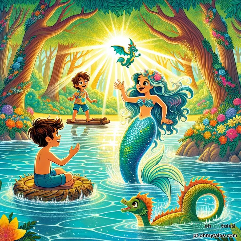 Uma sereia chamada Lila, com longos cabelos brilhantes como raios de sol e uma cauda azul-turquesa cintilante, nada alegremente em águas cristalinas, seu rosto radiante de felicidade. Ao lado dela, um garoto chamado Lucas, com cerca de 8 anos, cabelos castanhos bagunçados e uma camiseta colorida, observa maravilhado a sereia enquanto flutua em um pequeno bote feito de folhas e flores. Um dragão amigável chamado Fogo, com escamas douradas e olhos brilhantes, voa acima deles, suas asas cintilantes capturando a luz do sol. A cena acontece em uma floresta encantada, onde árvores majestosas com troncos torcidos cercam um lago cintilante, ladeado por flores multicoloridas que dançam ao vento. Raios de sol filtram-se através da folhagem, criando um jogo de luz mágica na água. A situação principal mostra Lila, Lucas e Fogo celebrando sua amizade e a descoberta de um artefato mágico, cercados pela beleza feérica da floresta, prontos para viver uma nova aventura juntos.