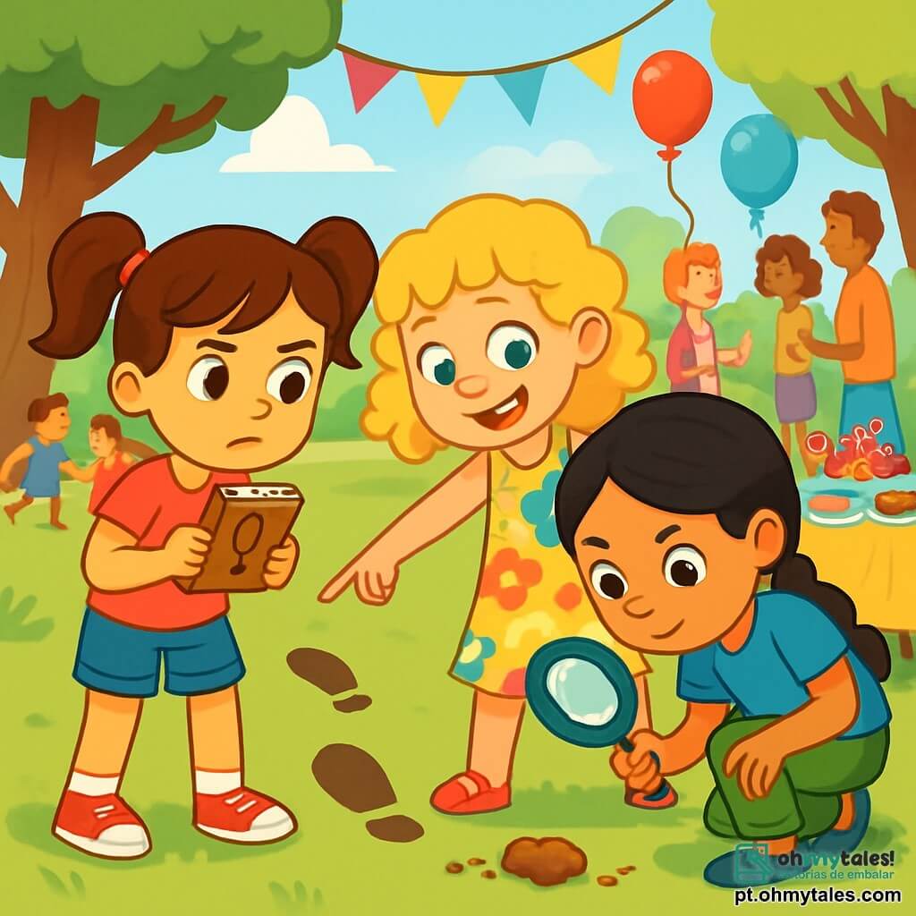 Há 3 personagens: - Sofia: uma menina de 7 anos com cabelo castanho preso em dois coques, vestindo uma camiseta rosa e um short de jeans. Ela segura um pequeno caderno de detetive e observa atentamente ao seu redor. - Lara: uma menina de 7 anos com cabelo loiro e cacheado, vestindo um vestido florido. Ela tem um sorriso travesso e aponta para uma pegada no chão. - Júlia: uma menina de 7 anos com cabelo preto trançado, vestindo uma camiseta azul e uma calça verde. Ela se inclina para examinar uma migalha de bolo no chão, com uma expressão concentrada. As três amigas estão em um parque ensolarado, decorado com bandeirinhas coloridas e balões flutuantes, com uma grande mesa cheia de bolos e doces ao fundo. A cena principal mostra as três pequenas detetives em plena investigação, procurando pistas para encontrar um bolo desaparecido, cercadas de risos e cores, com elementos de mistério como pegadas e migalhas de bolo, que adicionam um toque de aventura à sua missão.