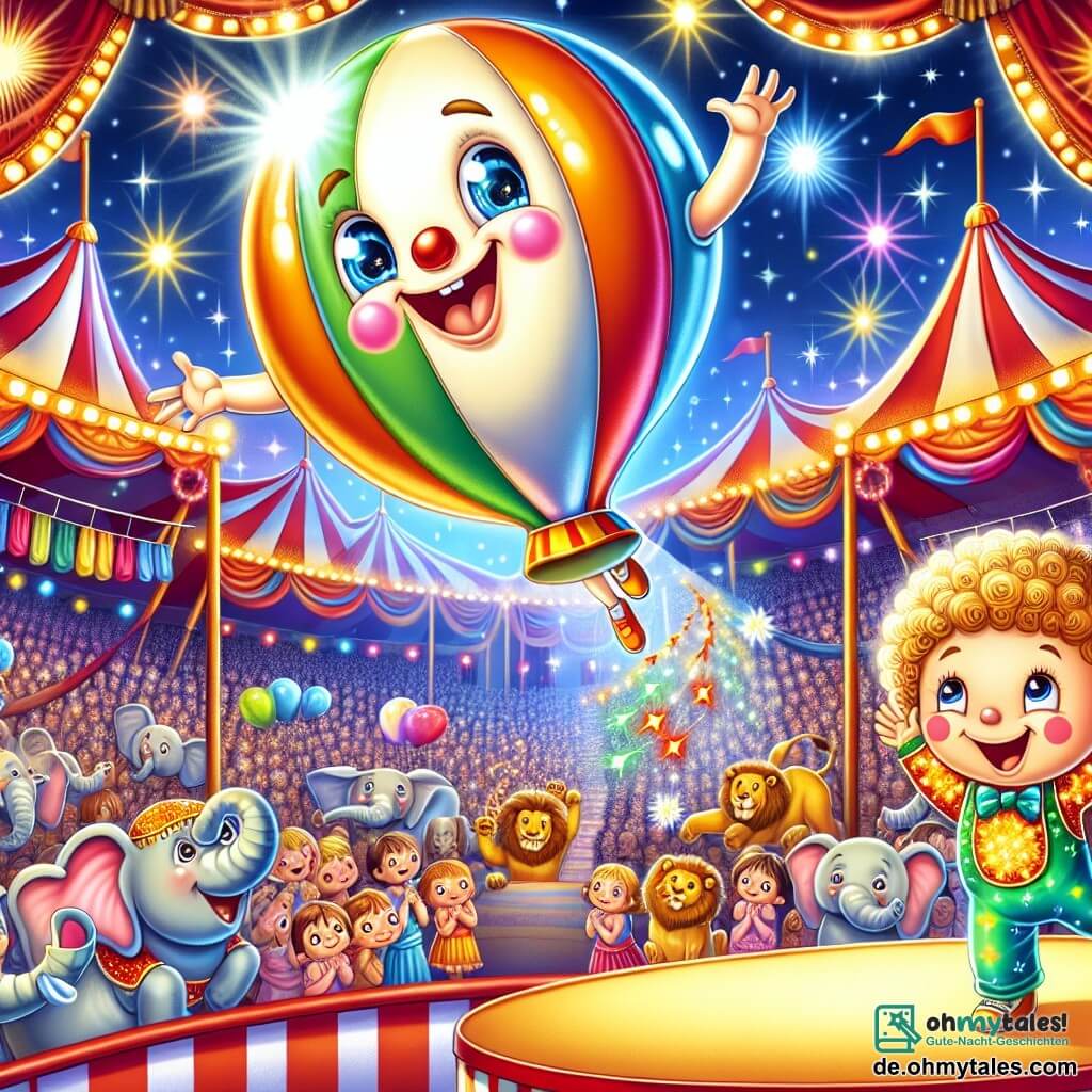 Ein fröhlicher Zirkusballon namens Bubbles, rund und bunt, mit einem großen Lächeln und funkelnden Augen, springt hoch in die Luft und lacht aus vollem Herzen. Neben ihm führt ein junger Akrobat namens Flip mit lockigem Haar und einem glänzenden, bunten Kostüm einen Salto aus und zeigt eine Ausdruck von Aufregung und Freude. Im Hintergrund findet die Szene in einem wunderschönen Zirkuszelt mit roten und weißen Streifen statt, geschmückt mit funkelnden Lichtern und staunenden Zuschauern, während neugierige Tiere wie Elefanten und Löwen gebannt dem Spektakel folgen. Bubbles lässt beim Springen farbige Tücher durch die Luft fliegen und schafft eine festliche und fröhliche Atmosphäre, während die Tiere und das Publikum begeistert applaudieren.