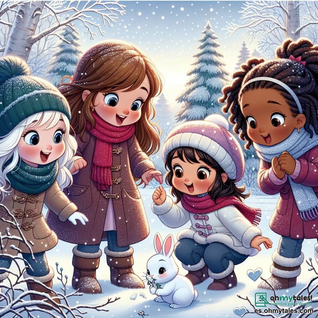 En un claro de nieve brillante, cuatro niñas de cinco años están juntas, sonriendo y alegres. Lucía, con largos cabellos castaños y una bufanda roja, observa a un pequeño conejo blanco que come ramitas. Sofía, con cabello rubio y rizado, lleva un gorro azul y saluda al conejo, con los ojos brillantes de emoción. Marta, con trenzas negras y un abrigo rosa, se agacha para dibujar corazones en la nieve con su dedo. Ana, con cabello castaño y un abrigo verde, se mantiene de pie, con los brazos extendidos, como si quisiera abrazar el invierno. El paisaje es un hermoso bosque nevado, donde los árboles están cubiertos de un espeso manto de nieve, y el suelo está salpicado de copos brillantes bajo el sol invernal. Los copos caen suavemente del cielo, añadiendo un toque mágico a la atmósfera. Las cuatro amigas descubren un pequeño conejo en la nieve, maravillándose de su presencia mientras juegan juntas en este decorado de ensueño, compartiendo risas y momentos de amistad.