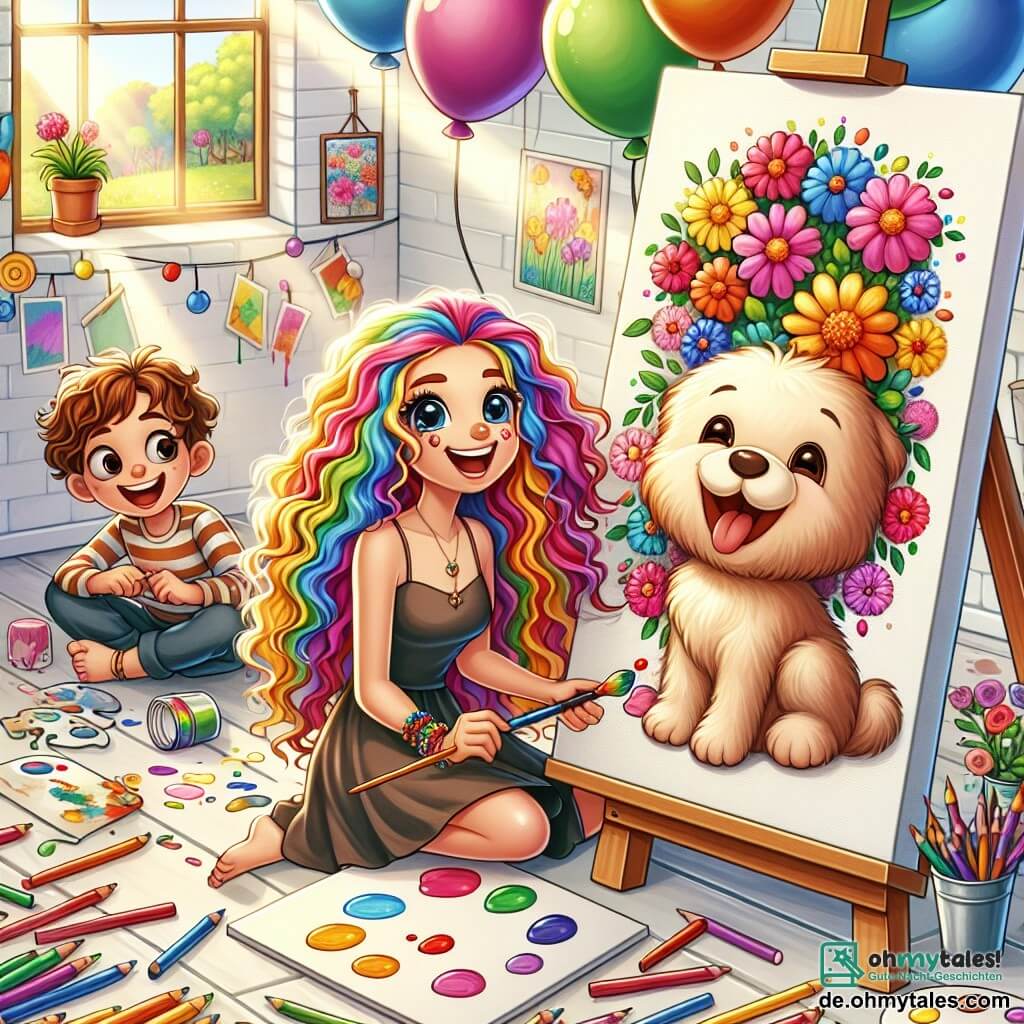 Mia, eine fröhliche Frau mit langen, lockigen Haaren in Regenbogenfarben, malt in ihrem hellen Atelier eine große Leinwand voller leuchtender Blumen. Ihr Gesicht strahlt vor Glück und Konzentration, während sie lebendige Farben auf ihrer Palette mischt. Neben ihr sitzt Tim, ein etwa 8-jähriger Junge mit braunen Haaren und funkelnden Augen, der begeistert einen großen, verschwommenen Hund auf ein Blatt Papier zeichnet. Er sitzt auf dem Boden, umgeben von bunten Stiften, und schaut Mia bewundernd an. Das Atelier ist mit goldenem Licht gefüllt, die Wände sind weiß gestrichen und die offenen Fenster lassen die Sonne herein. Bunte Leinwände hängen an den Wänden, und mehrfarbige Ballons schweben von der Decke und schaffen eine festliche, kreative Atmosphäre. Die Hauptsituation zeigt Mia und Tim, die gemeinsam an ihren Kunstwerken arbeiten, Lachen und Kreativität teilen, während das Atelier zu einem Ort der Freude und Inspiration für alle wird, die eintreten.